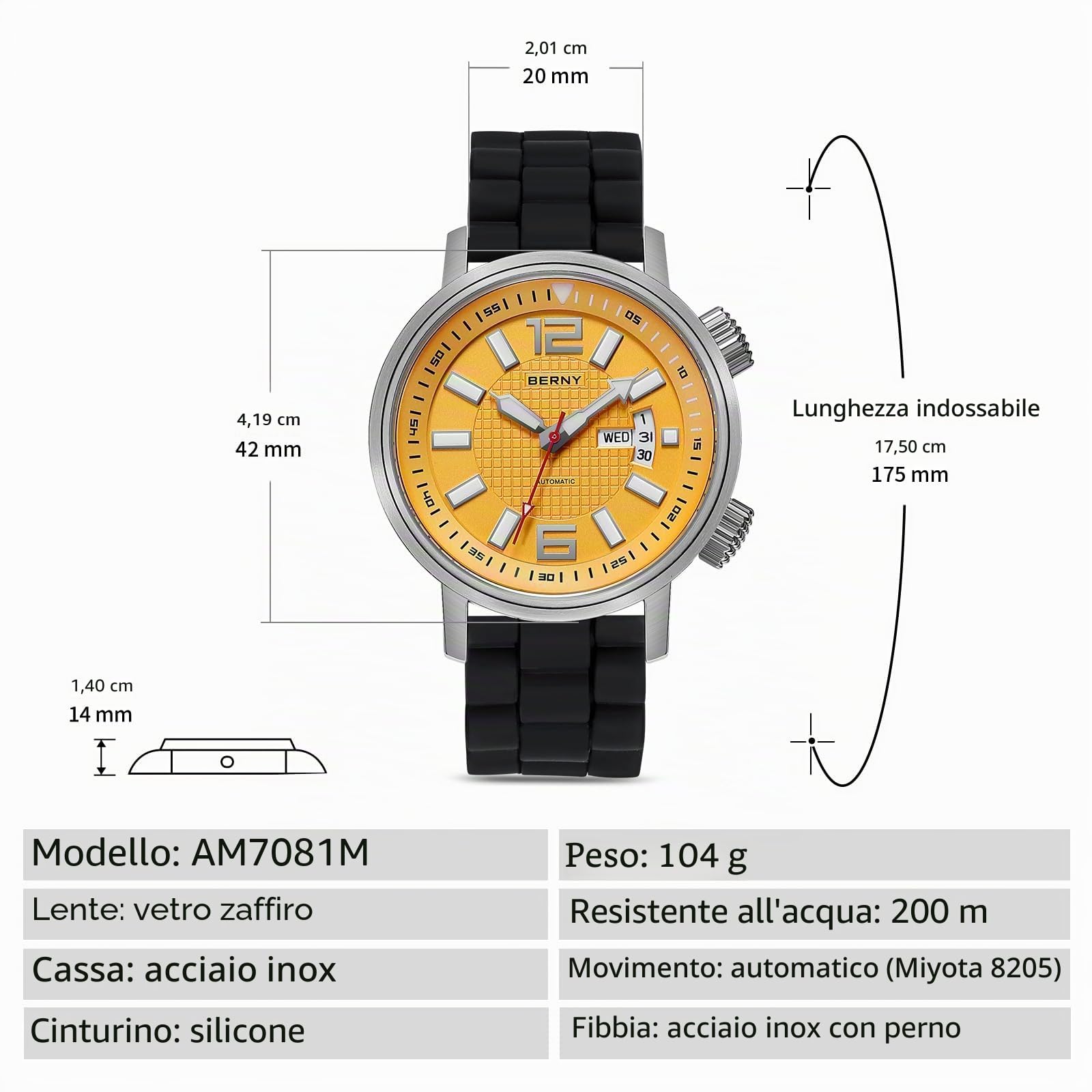 BERNY Automatico Meccanico Dive Orologio da Uomo Auto-Winding Sport Silicone Strap Orologi da polso Impermeabile 20ATM Vetro Zaffiro Resistente ai graffi Super Luminoso