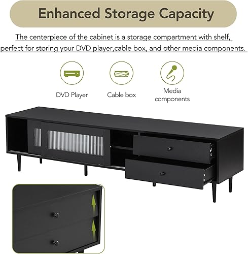 Miniatura 3 de LUMISOL Moderno soporte de TV para TV de 75 pulgadas, consola de TV con puertas de vidrio estriado y cajones inclinados, gabinete multimedia