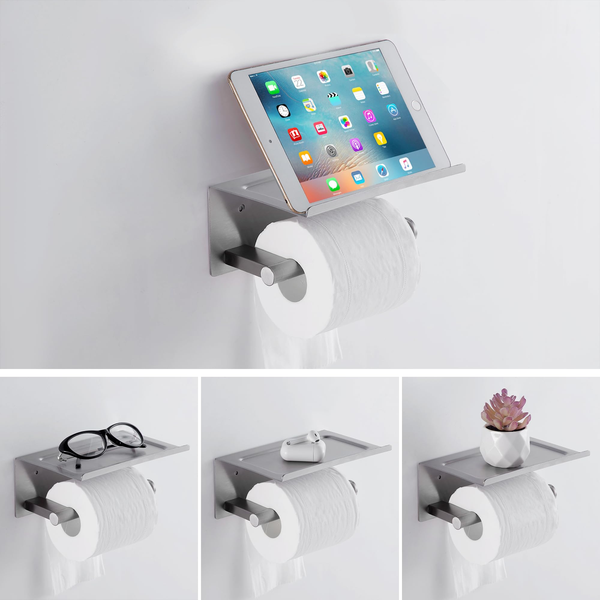 FOMANSH Portarrollos para Papel Higiénico - Portarrollos con Soporte para Celular, Portarrollos de Acero Inoxidable con 2 Métodos de Instalación, Adhesivo, para Baño, Inodoro, Cocina