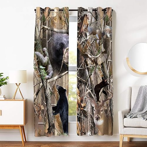 Cortinas opacas 2 paneles de cortinas con ojales para dormitorio, diseño de oso de camuflaje, ciervo, ardilla, 54 pulgadas de ancho x 84 pulgadas de