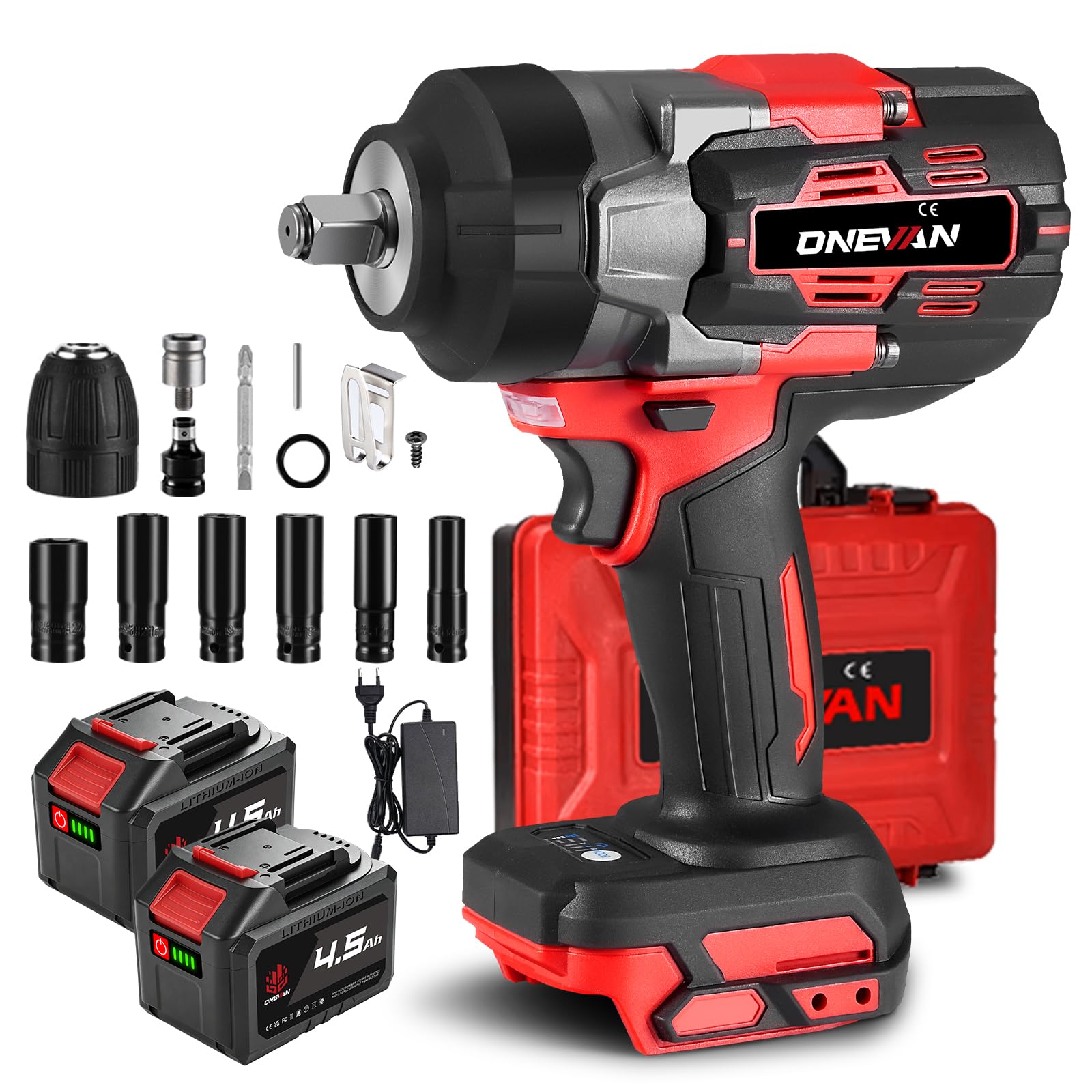 ONEVAN avvitatore a impulsi a batteria, 1700Nm Brushless avvitatore ad impulsi con 2 batterie da 4,0 Ah, 1/2" avvitatore a percussione senza fili
