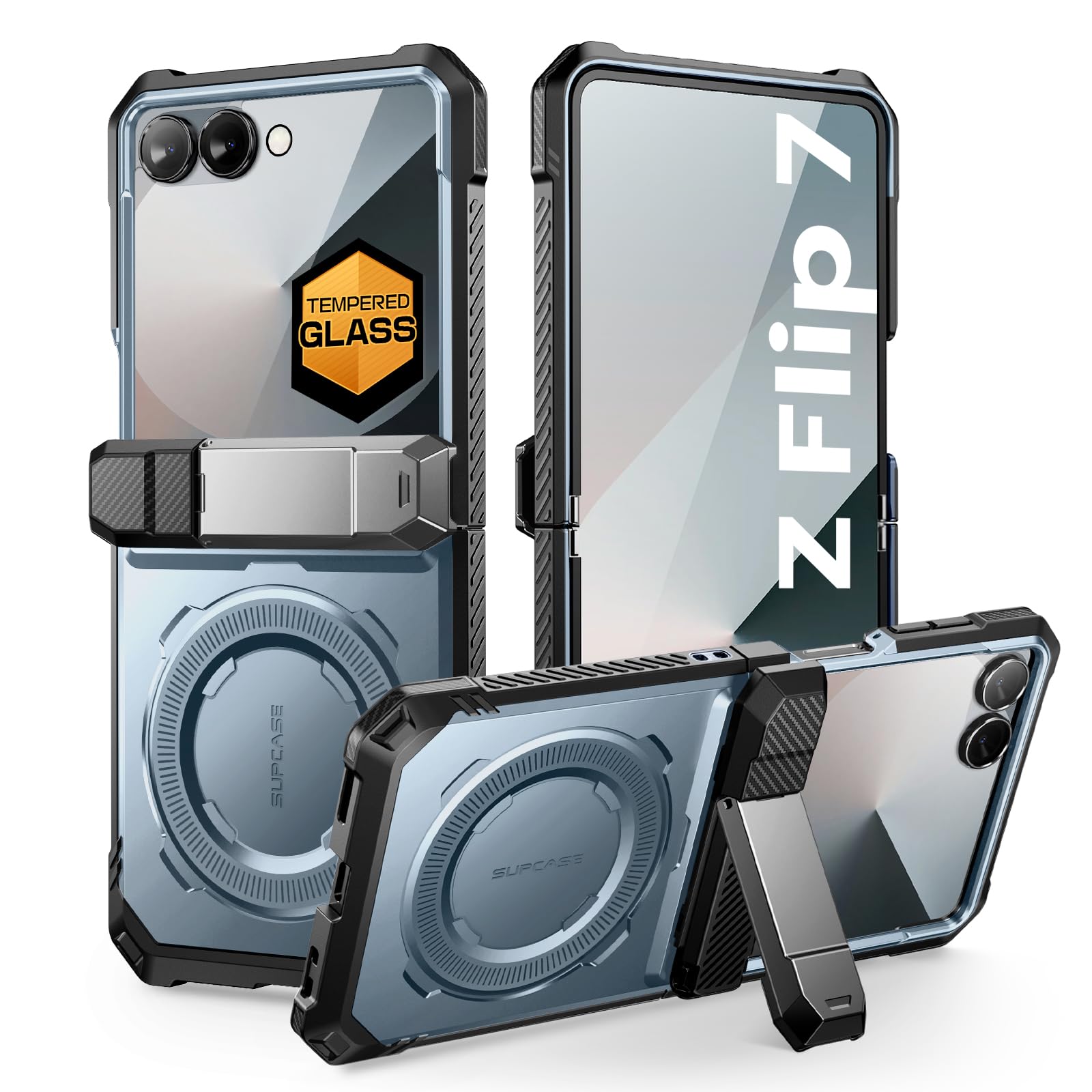 SUPCASE für Samsung Galaxy Z Flip 7 Hülle mit Ständer und Displayschutz (UB Grip), [Unterstützt MagSafe] [Scharnierschutz] Militärisch Schutzhülle Durchsichtig Handyhülle Bumper Case Cover (Blau) | Unterstützt MagSafe (UB Grip) Scharnierschutz Militärisch