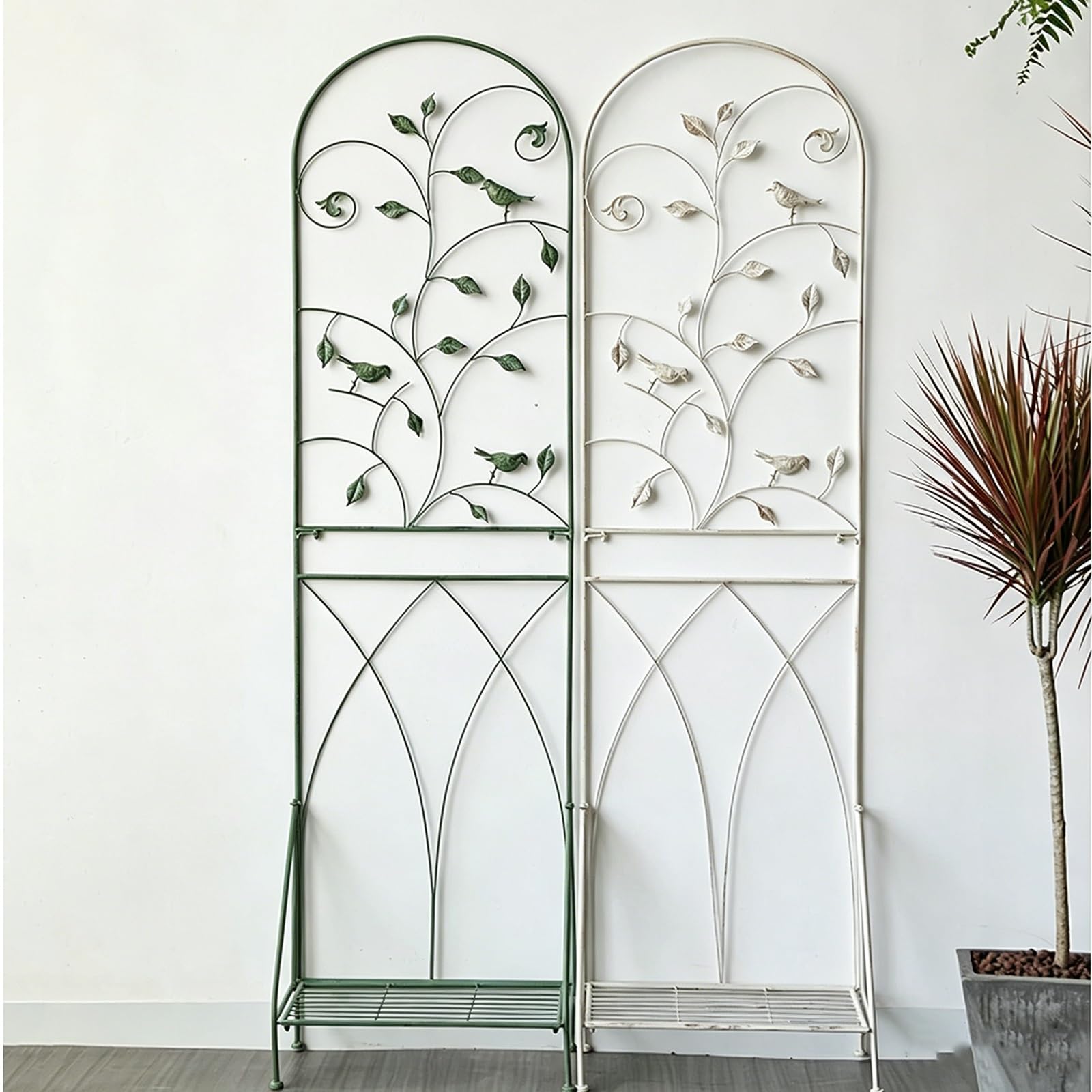 Rankgitter Metall, Rankhilfe mit klappbarem Regal, 180 cm hoch dekorative Gartenzaun für Kletterpflanzen, Pflanzenstütze, Rankspalier für Blume Gemüse(Green)