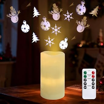 AVEKI Flameless Candles with Projector, Battery Operated LED Pillar Candles with Remote Control and Timer, 2-in-1 Snowman Projection Light for Christmas Holiday Home Decor, Gift for Family Christmas