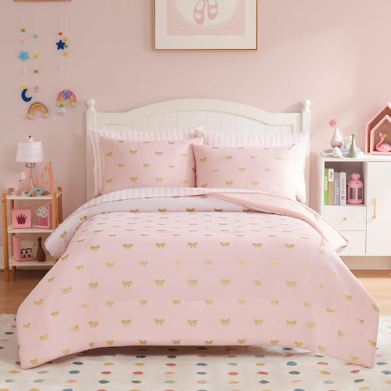 Wink Deer Full Size Comforter Sets with Sheets for Girls-7 Pieces Full Size Bedding Sets with Pink Comforter, Sheets, Pillowcases & Shams for Kids (Pink Gold Bow, 76" X 86")
