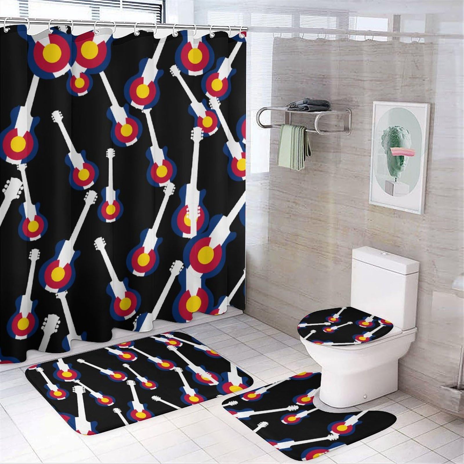 CGSBNGHA State Flag of Colorado Music Guitar Shower Curtain Set 4 Piece Bathroom Sets with Rugs Toilet Lid Cover And U-Shaped Floor Mat