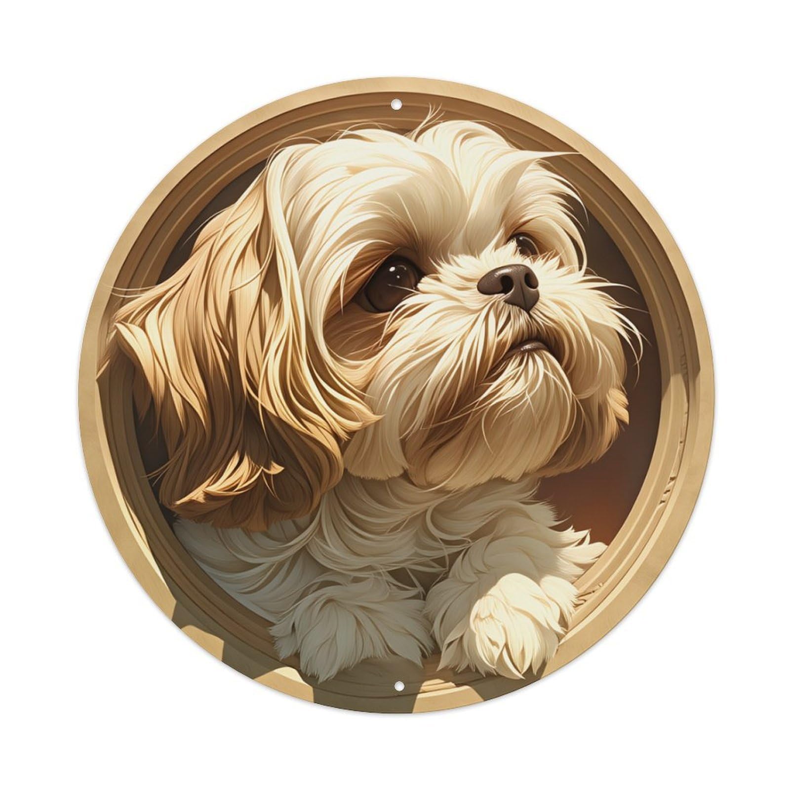 Fluffy Dog Portrait Artwork Round Tin Sign Retro Metal Sign for Cafe Bar Pub Home Game Room Gym Club Wall Decoration Vintage Metal Poster 8x8 Inch