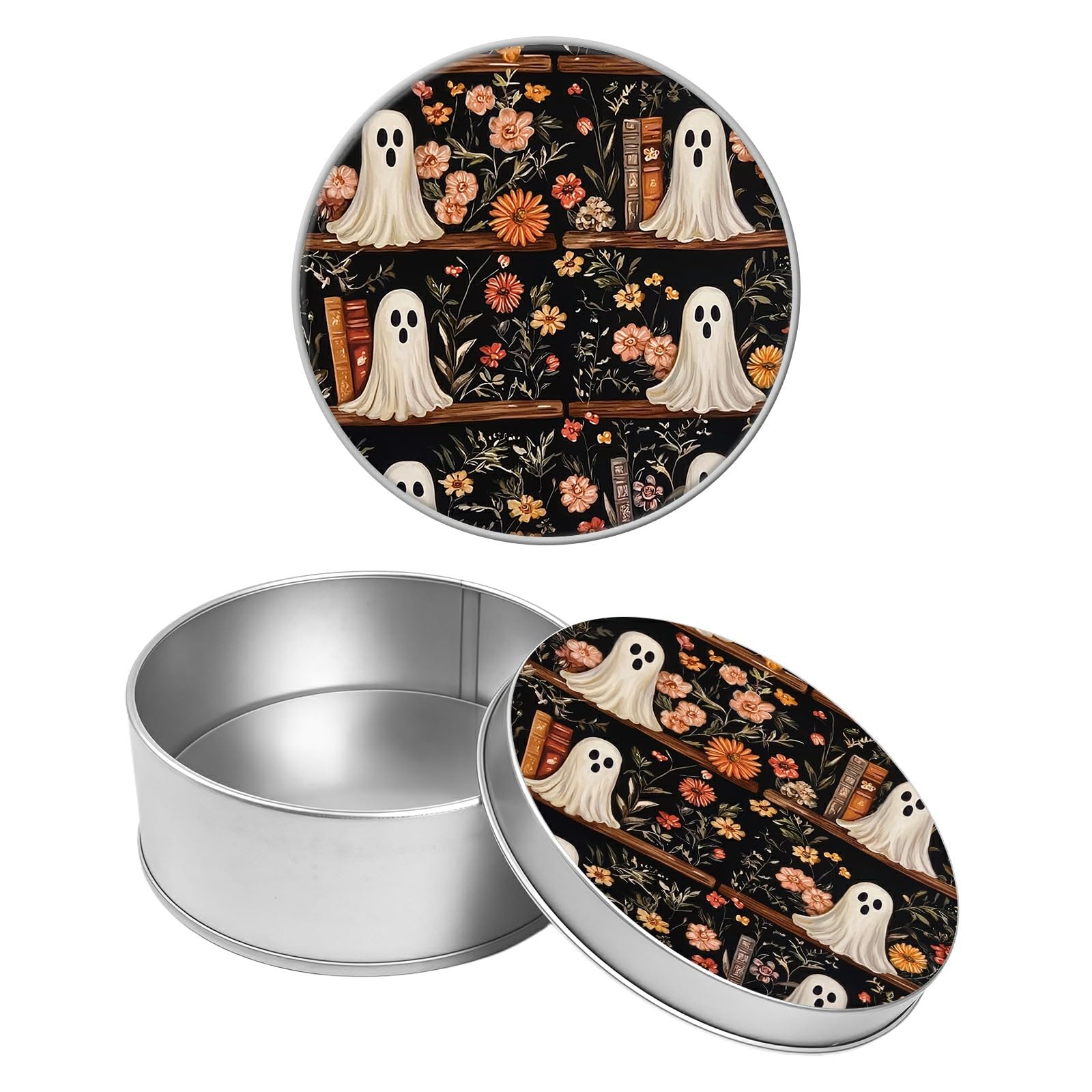 Round Metal Tin Container with Removable Lid, Ghost Bookshelf Durable Metal Storage Box for Crafts Snacks Candies Office Supplies Small Items 3.54 x 1.38 inch– Single Pack