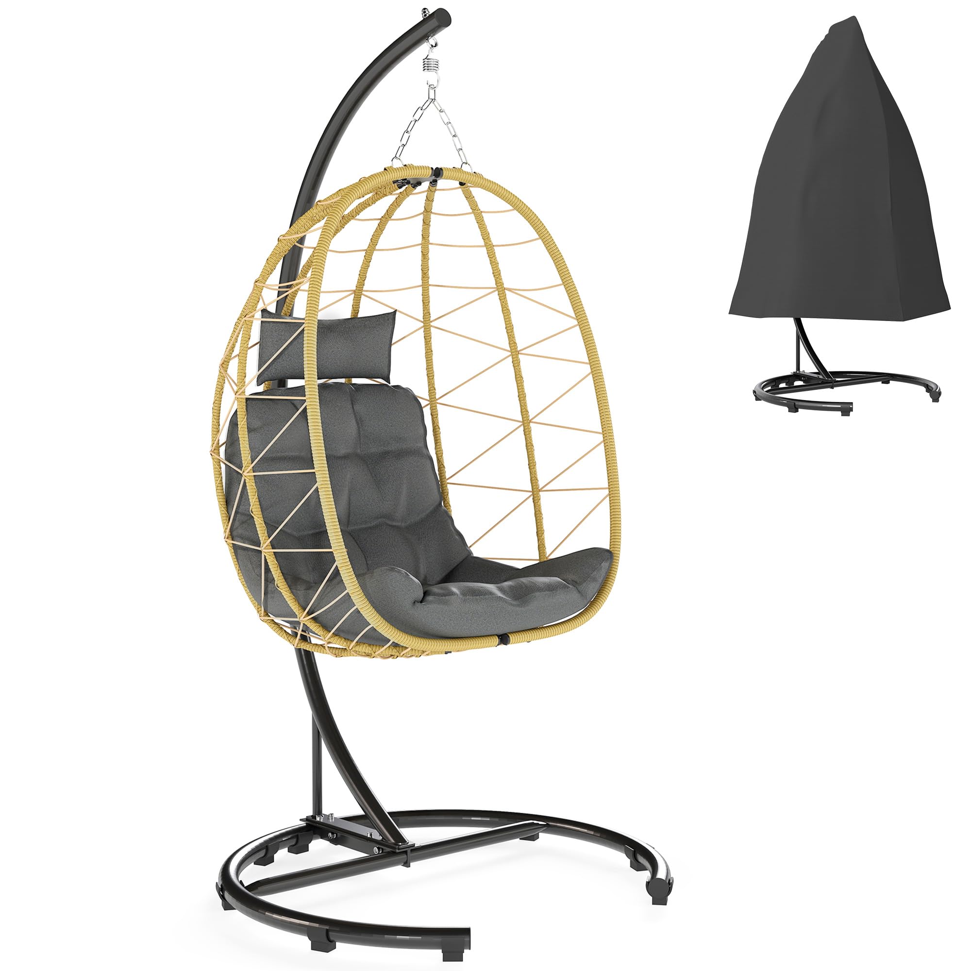 Outsunny Poltrona Sospesa 150kg Max 102x102x195 cm Nera Grigia e Beige | Cesto Pieghevole e Cuscini, Poltrona Sospesa da Giardino, Acciaio e Rattan PE