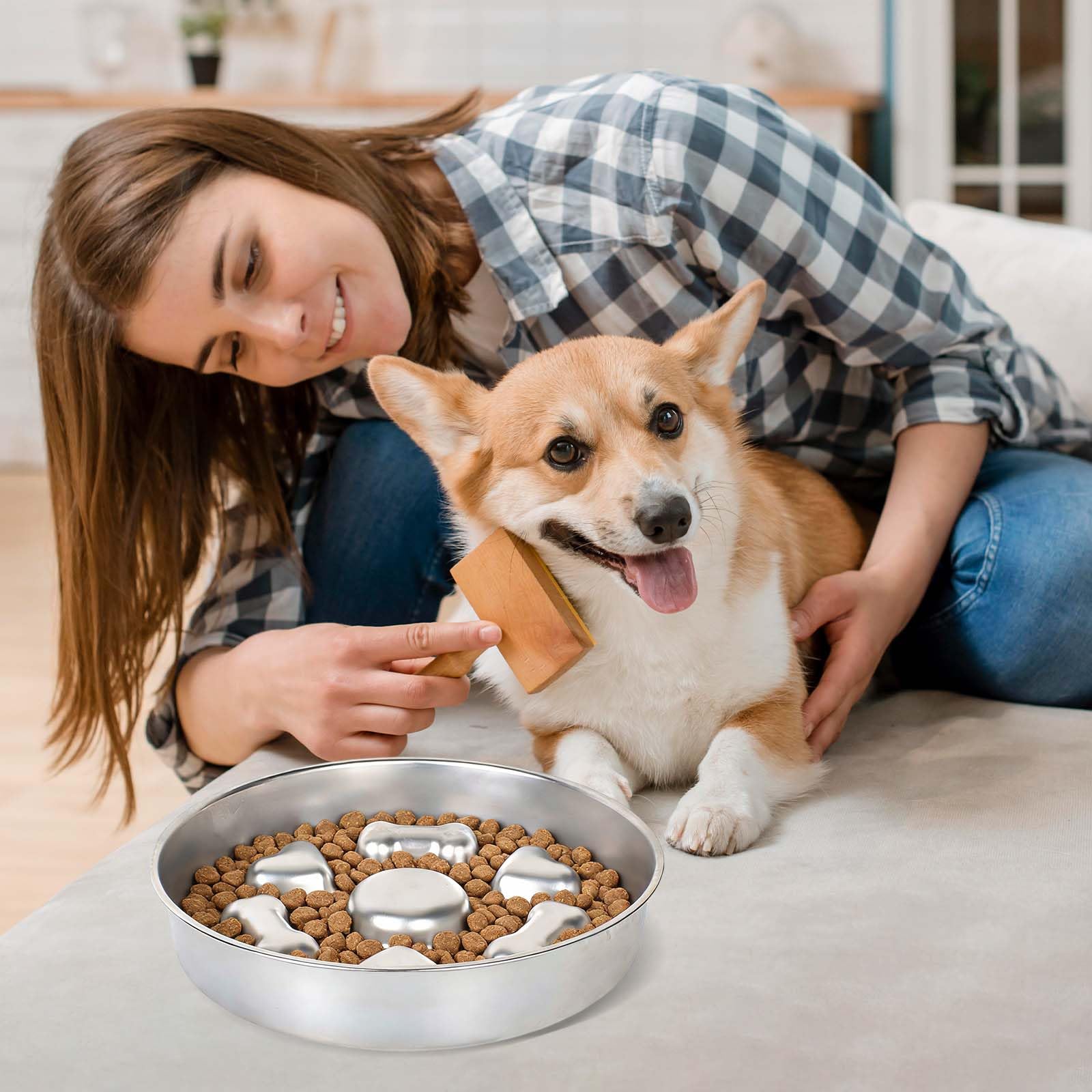 Ciotola Anti Ingozzamento Acciaio, Ciotola Cane per Lenta Assunzione del Cibo,Slow-Eating Bowl per Cani Gatti, Ciotole Cane Slow Feeder Antiscivolo Ciotole per Cani (Argento, Rotondo)