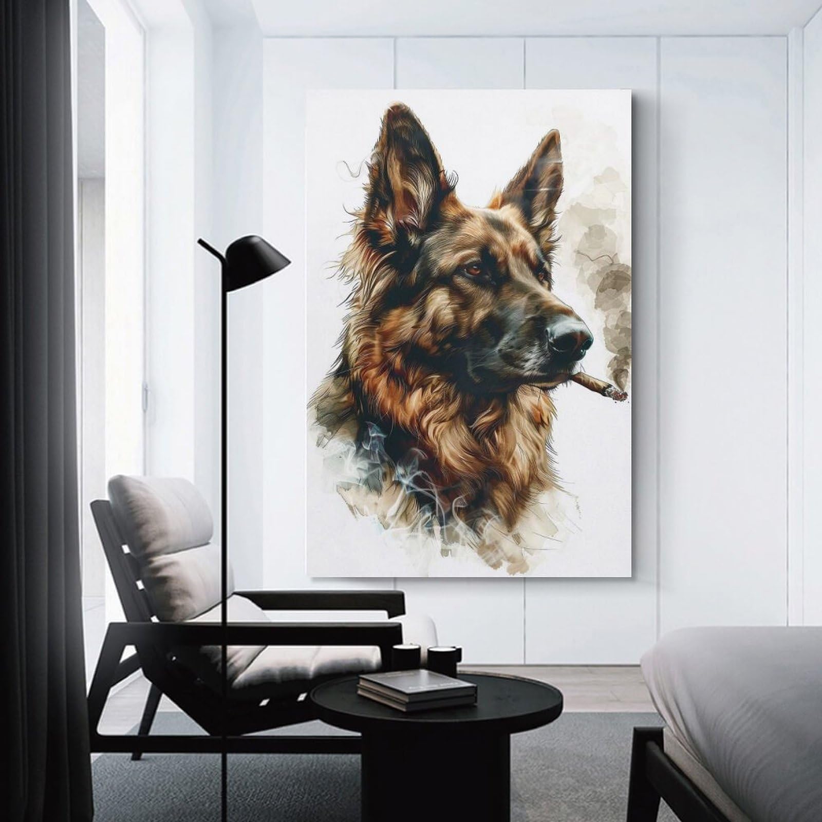 Junmoney Smoking German Shepherd Hanging Wall Art 20x30inch(50x75cm), for New Homes, Bedrooms Or Workspaces, Thoughtful Wall Decor for Art Lovers