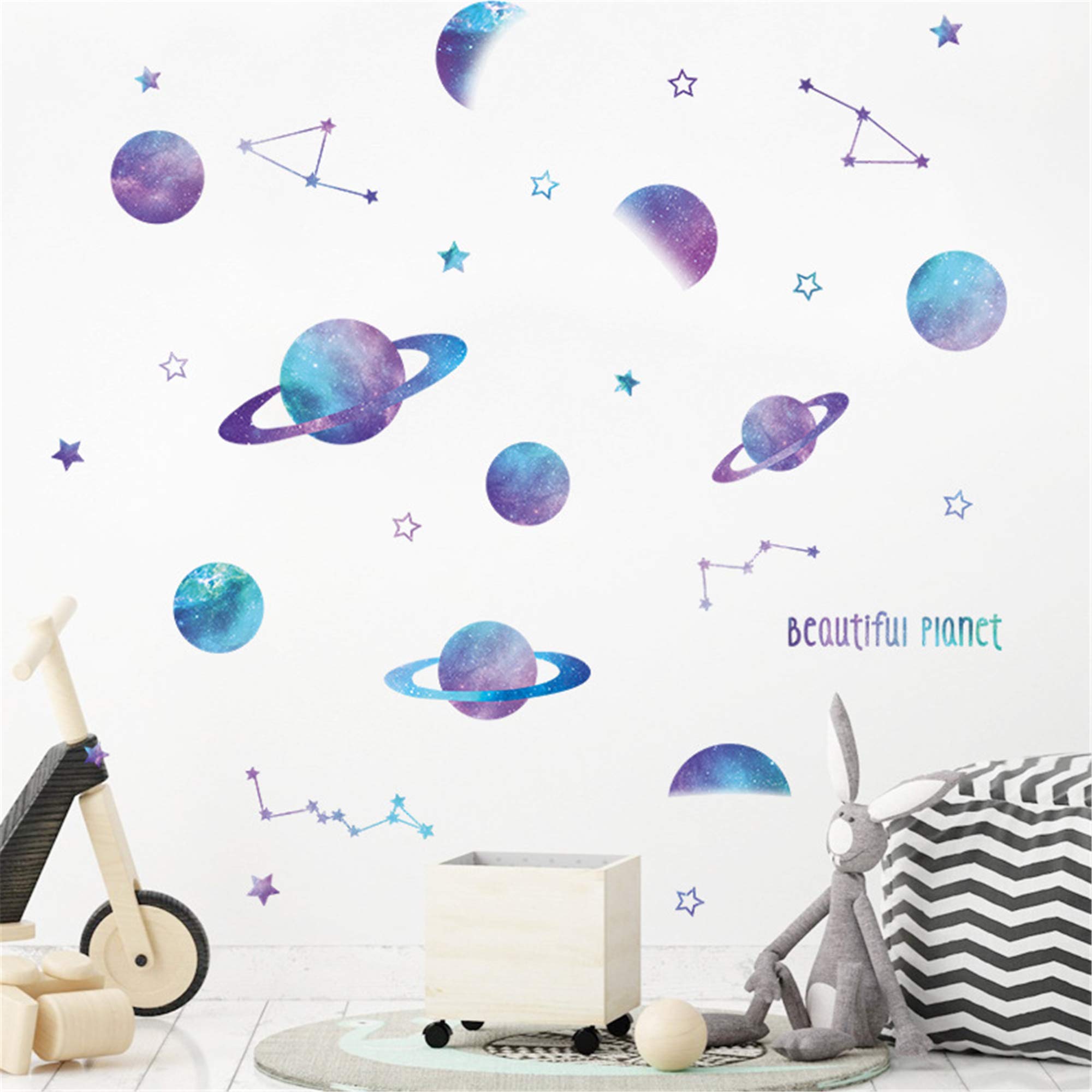 ROFARSO Beautiful Blue Planets Wall Stickers Outer Space Stars Constellation DIY Vinyl Removable Large Wall Decals Art Decorations Decor for Kids Boys