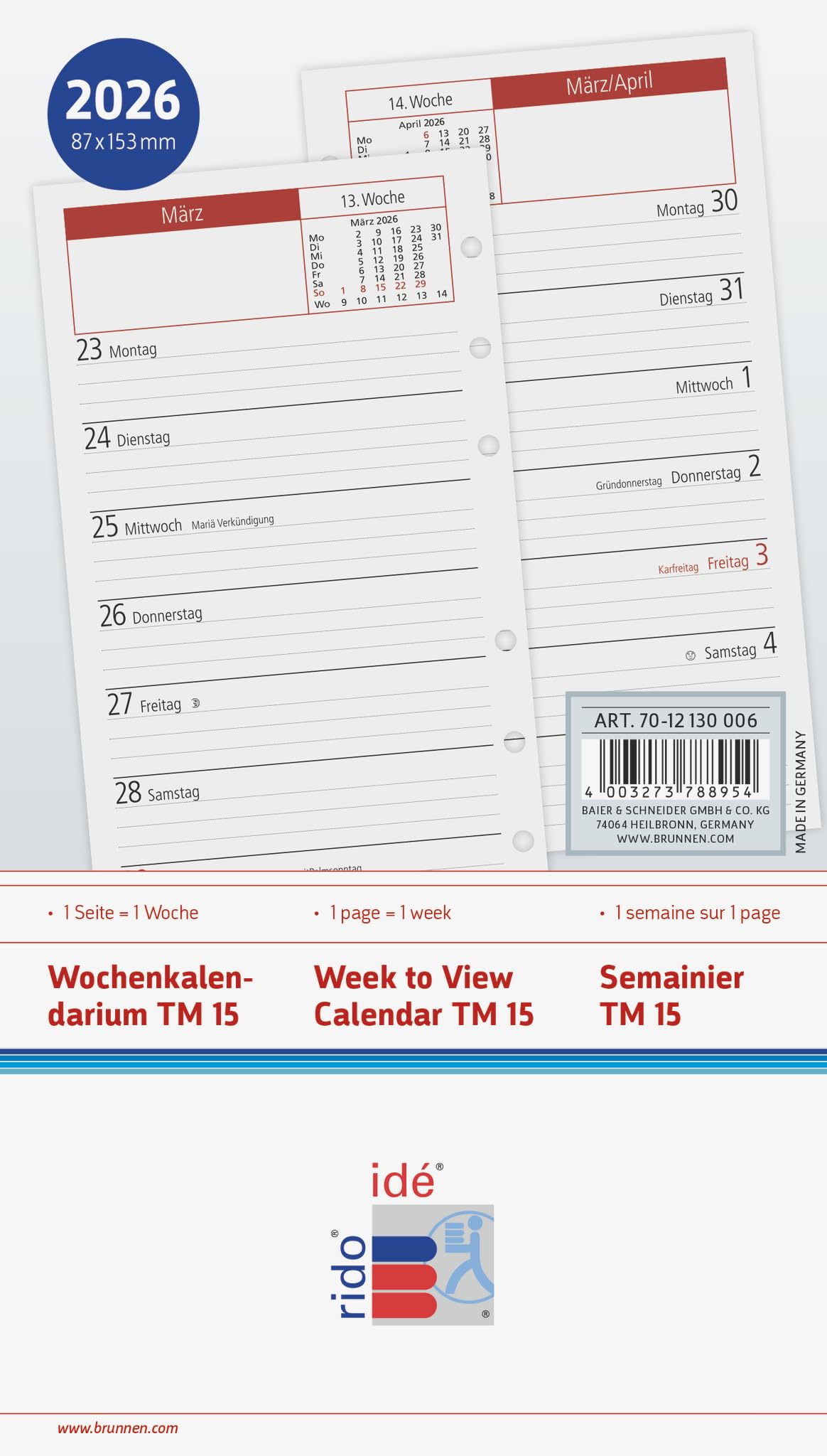 rido/idé Weekly Replacement Calendar Mod. TM 15 2026 | 87 x 153 mm