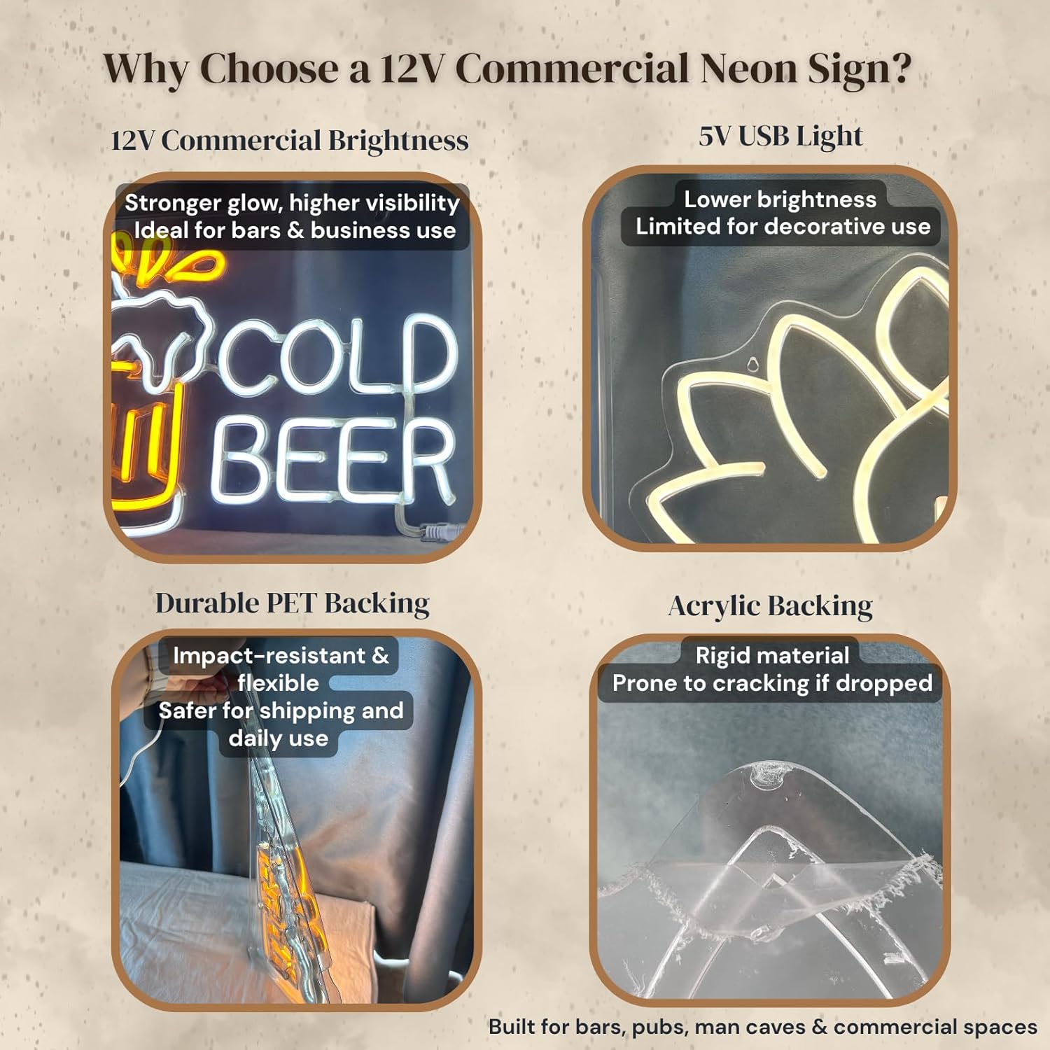 Cold Beer Neon Sign for Business & Home Bar - Durable Flexible PET LED Light for Pub, Man Cave, Garage - Unique Gift for Men, Dad, Bar or Club Oweners - 17" x 11.5" - Image 3