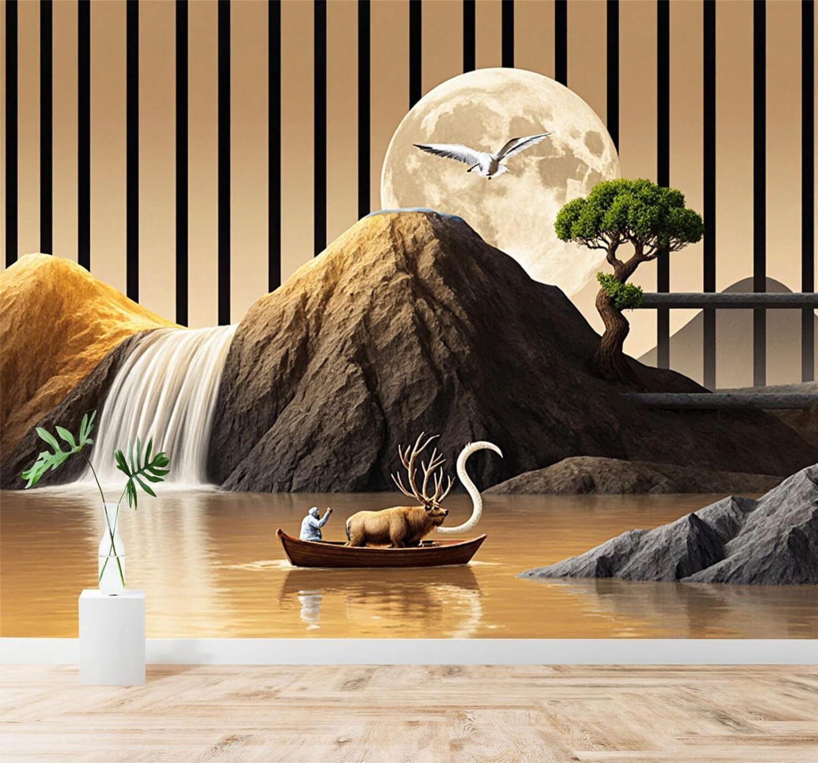 XLMING Small Boat Deer Moon Waterfall Mountains Landscape 3D Wallpaper Premium Textured Silk Study Dining Living Room Bedroom Sofa TV Wall Easy Install-400cm×280cm