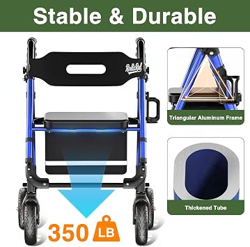 Walkers for Seniors Taller 5.3~7ft, Lightweight Foldable Rollator Walker, Built in Cable, Reinforced Aluminum Frame, 8 Big Rubber Wheels for All Terrain, 350lb Weight Capacity, Blue