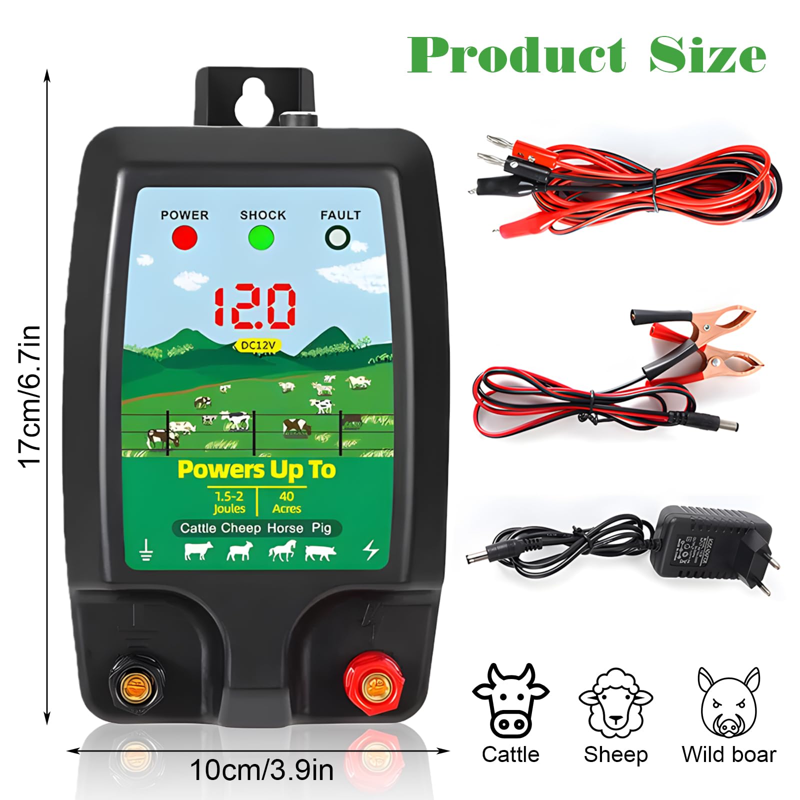 Recinzione elettrica da 12 V con display a LED: recinzione elettrica impermeabile, portata 10 km, portata 1,5 – 2 Joule, impermeabile per la protezione di animali da fattoria, pascoli, animali