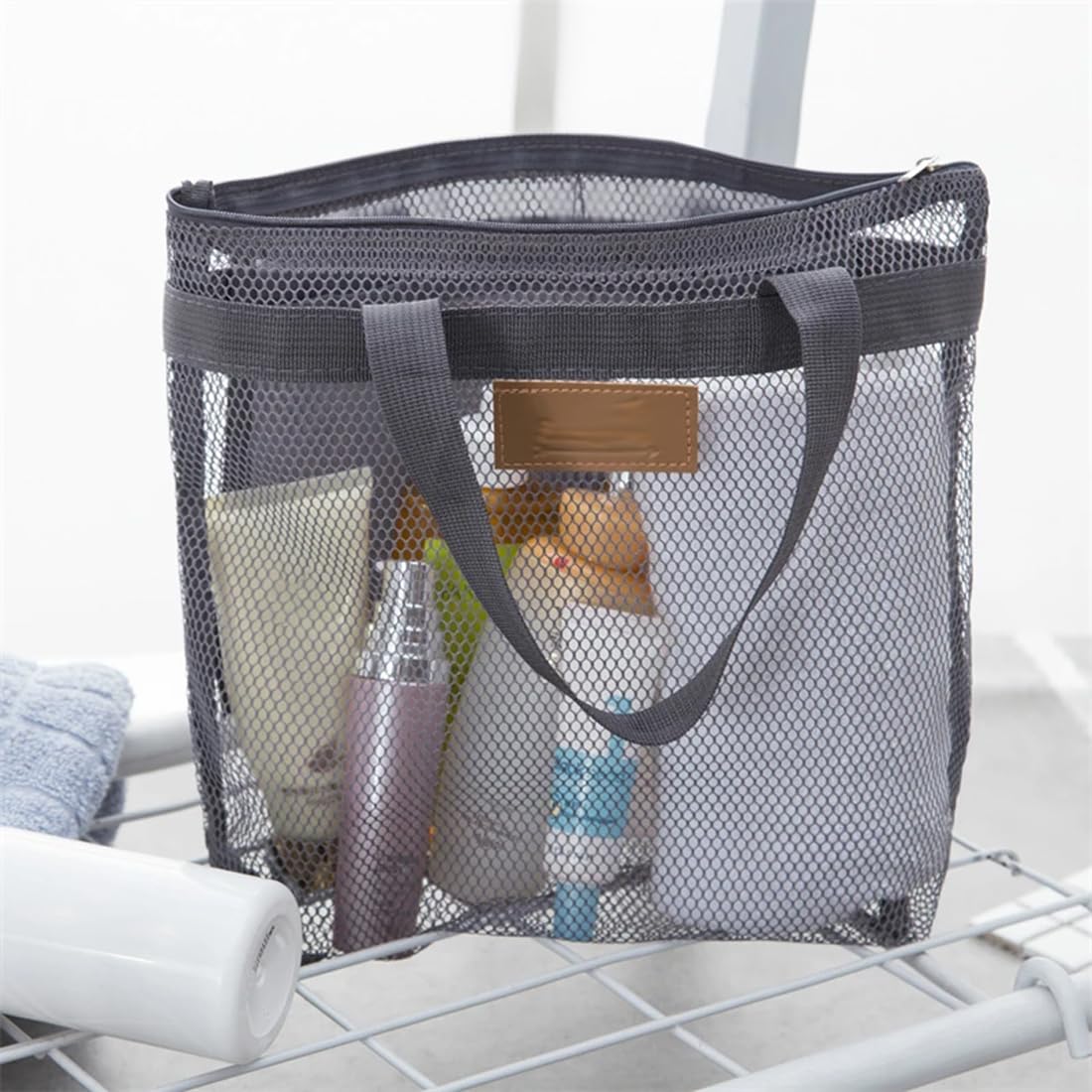 Borsa da Doccia Portatile a Rete, Borsa da Trasporto per Articoli da Toilette, Pochette da Viaggio Donna Grigia