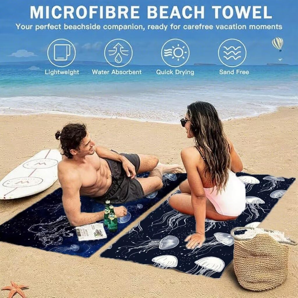 Serviette de Plage 90x200cm, Bleu Serviette Microfibre Lot de 2 Méduse Motif Ultra Absorbantes Séchage Rapide Anti Sable Légère Drap de Plage avec Bouton Pression Design pour Piscine Voyages, Model581