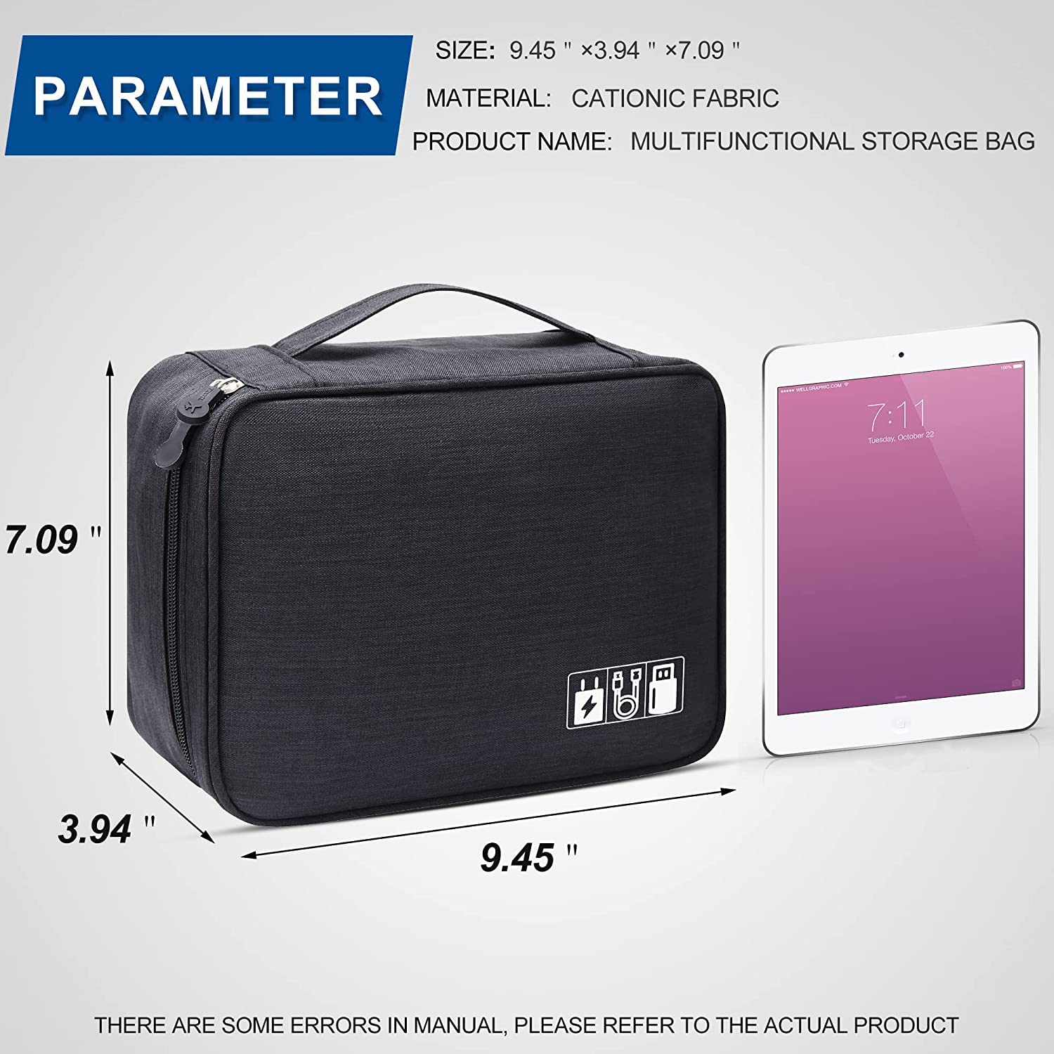 Torba elektroniczna organizer przenośna torba na kabel do tabletu, zewnętrzny dysk twardy, ładowarka, kable, adaptery, karty pamięci, przewody USB, czarny, Łatwe do noszenia