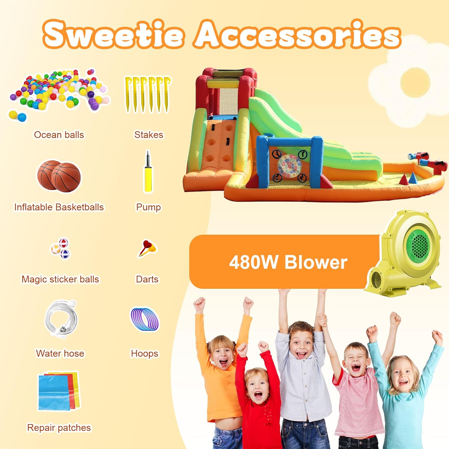 14.5FT Commercial Inflatable Water Slide for Kids and Adults – Heavy Duty Full PVC Inflatable Water Slide with 480W Blower for Backyard, Outdoor Slide Park, and Pool Party