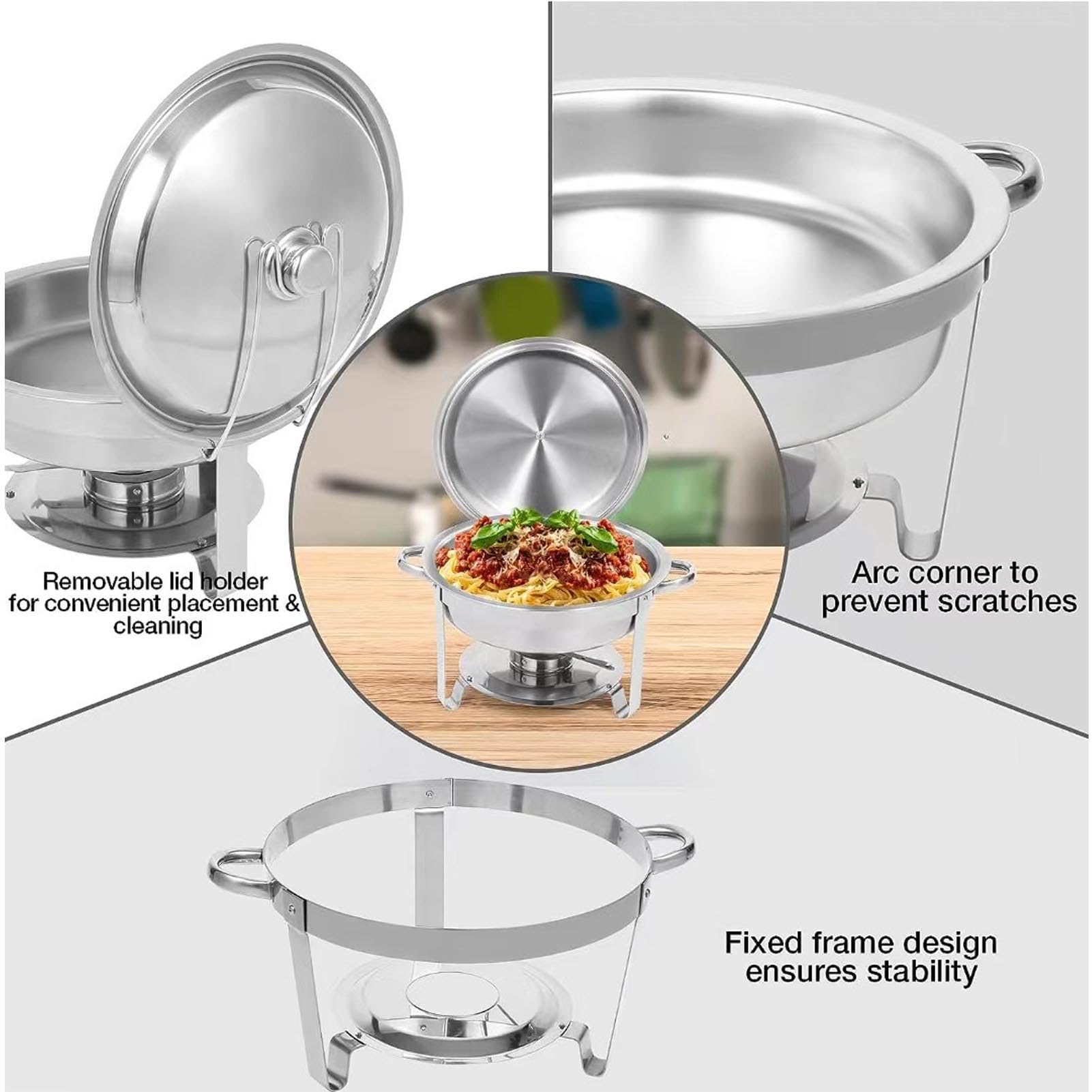 Ensemble de plats à frire – Chauffe-buffet rond en acier inoxydable avec couvercle en verre pour la restauration et les événements