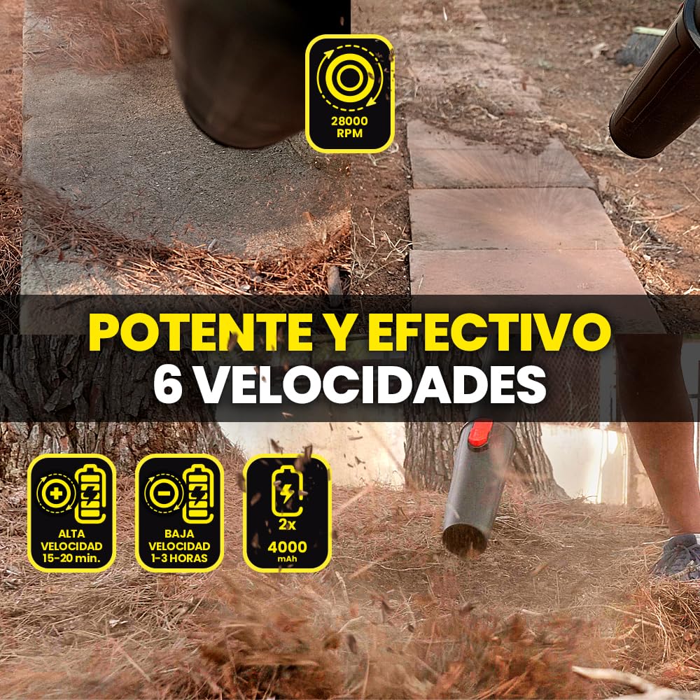 MAKTUL Soplador de Hojas Batería Potente y Ligero, Motor 6 Velocidades 28.000 RPM 241 Km/h, 2 Baterías 4000mAh 20V 450W, Sopladora de Aire Jardín Alta Potencia, Bufador Eléctrico Inalámbrico sin Cable