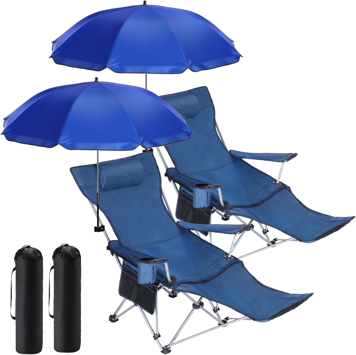 Karenhi 2 Set Beach Camping Chair with Umbrella for Adult Folding Reclining Camping Chair with Foot Rest Adjustable Clamp Canopy Shade for Outdoor Patio Travel Beach(Blue)
