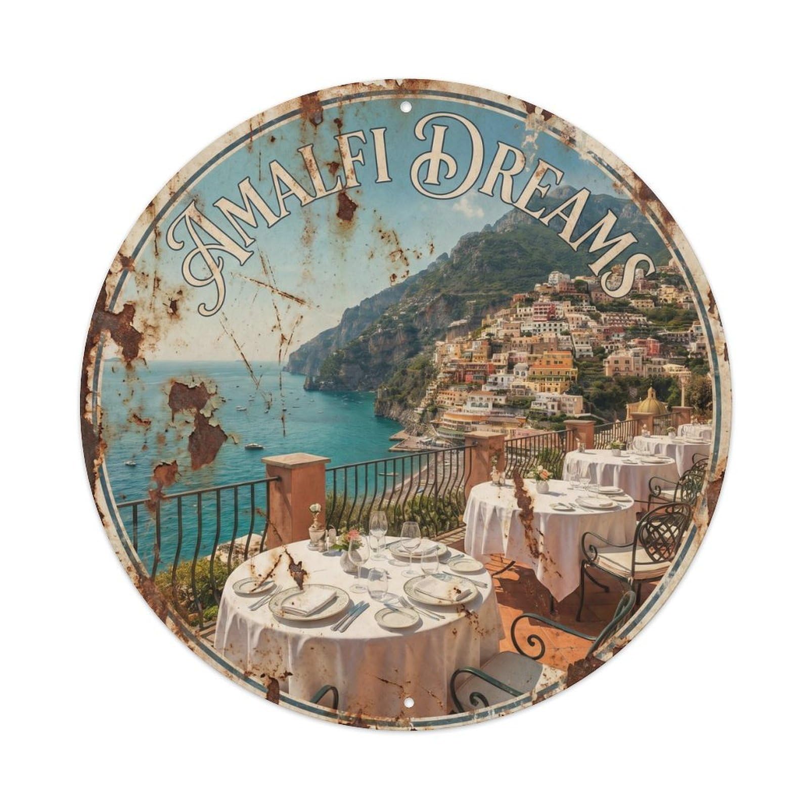 Vintage Travel Amalfi Coastal Terrace Dining Metal Tin Sign Plaque Wall Decor for Cafe, Club, Garden Round Metal Poster 8x8Inch