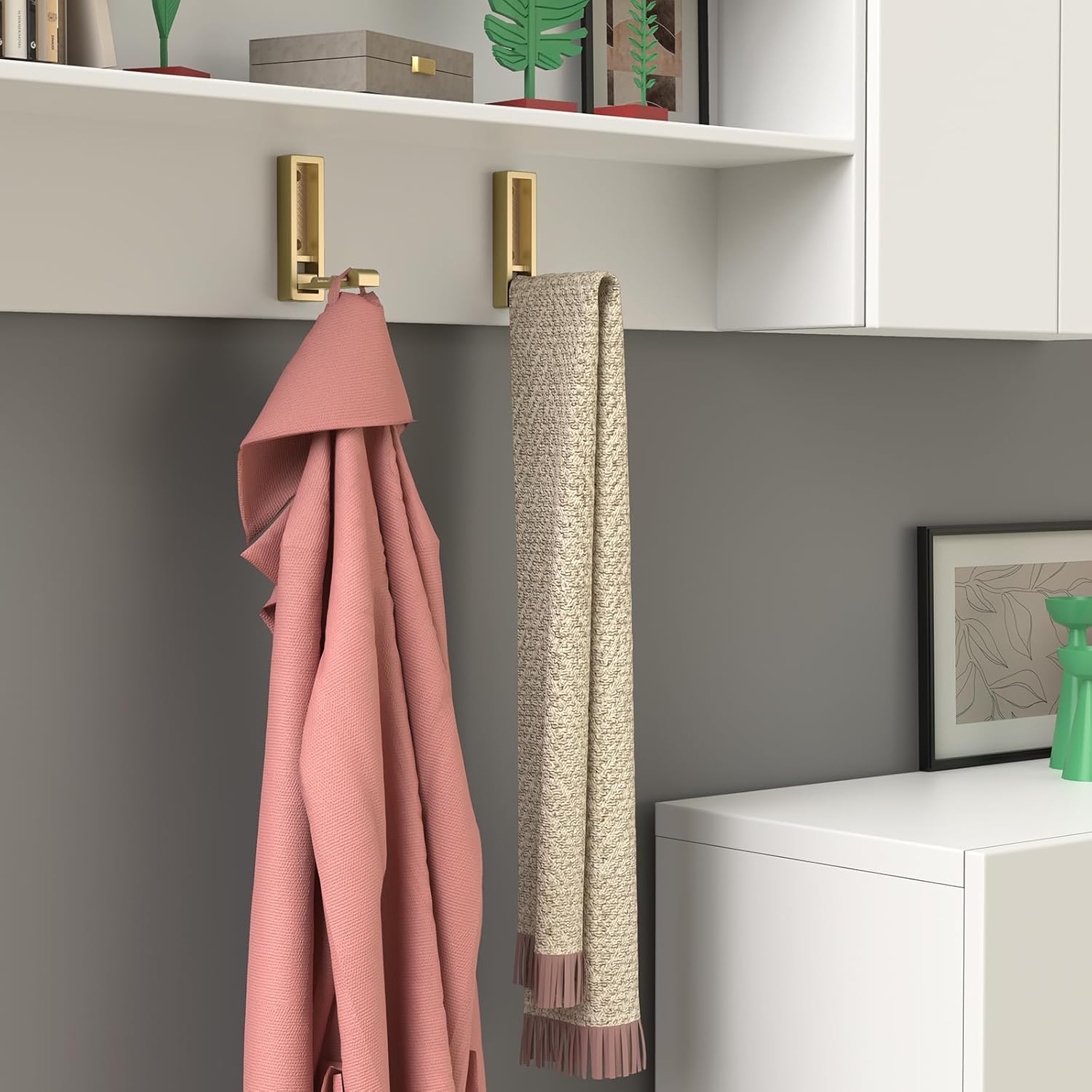 Heavy-Duty Square Folding Wall Hooks, Sturdy Zinc Alloy Foldable Coat Hooks for Hanging Towel, Coat, Hat, Backpack, Key, Gold Towel Hooks Wall Mount Hanger for Bathroom Kitchen Hotel Office (2 Pack)