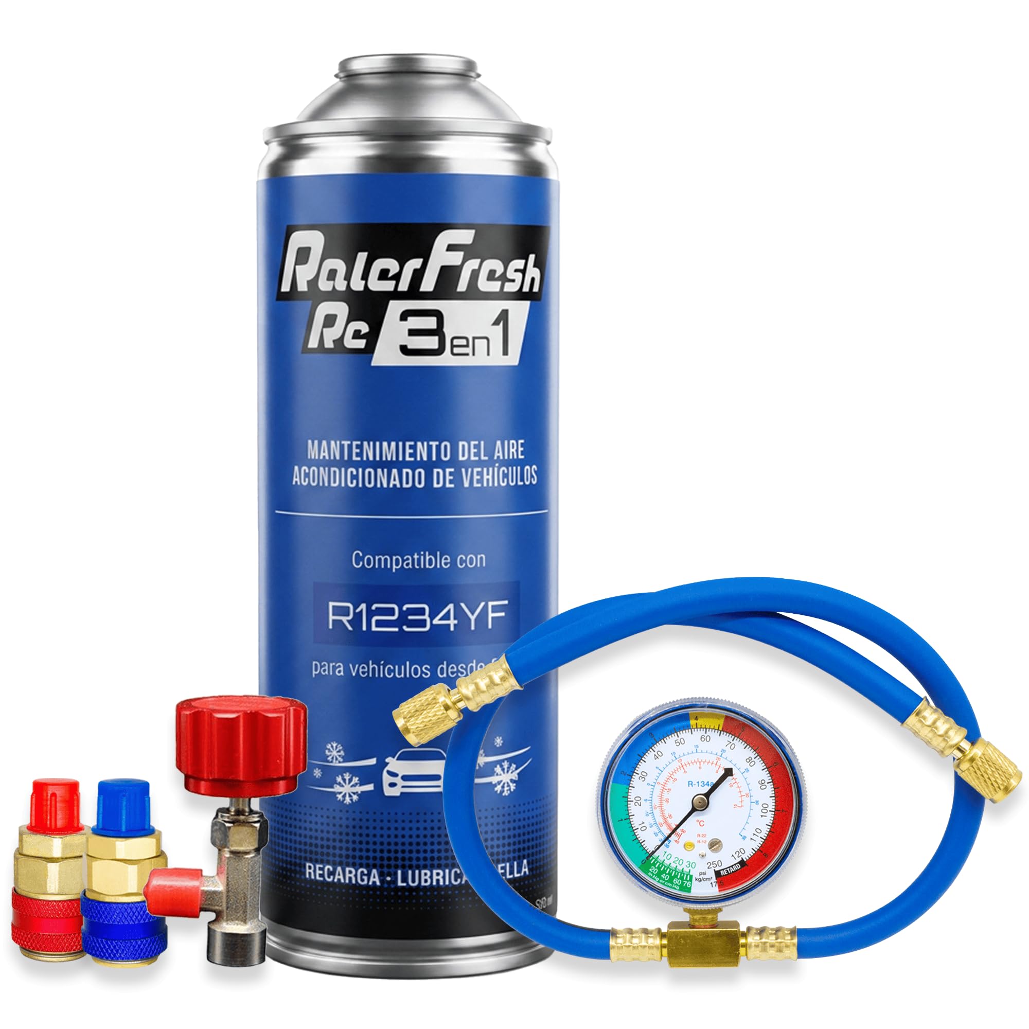 Ralerfresh RC 3 in 1 – Ricarica Aria Condizionata Auto R1234yf dal 2017, Gas Refrigerante, Sigillante Perdite, Lubrificante, Manutenzione Completa (Bombola RC31 + Manometro Tubo + Connettori)