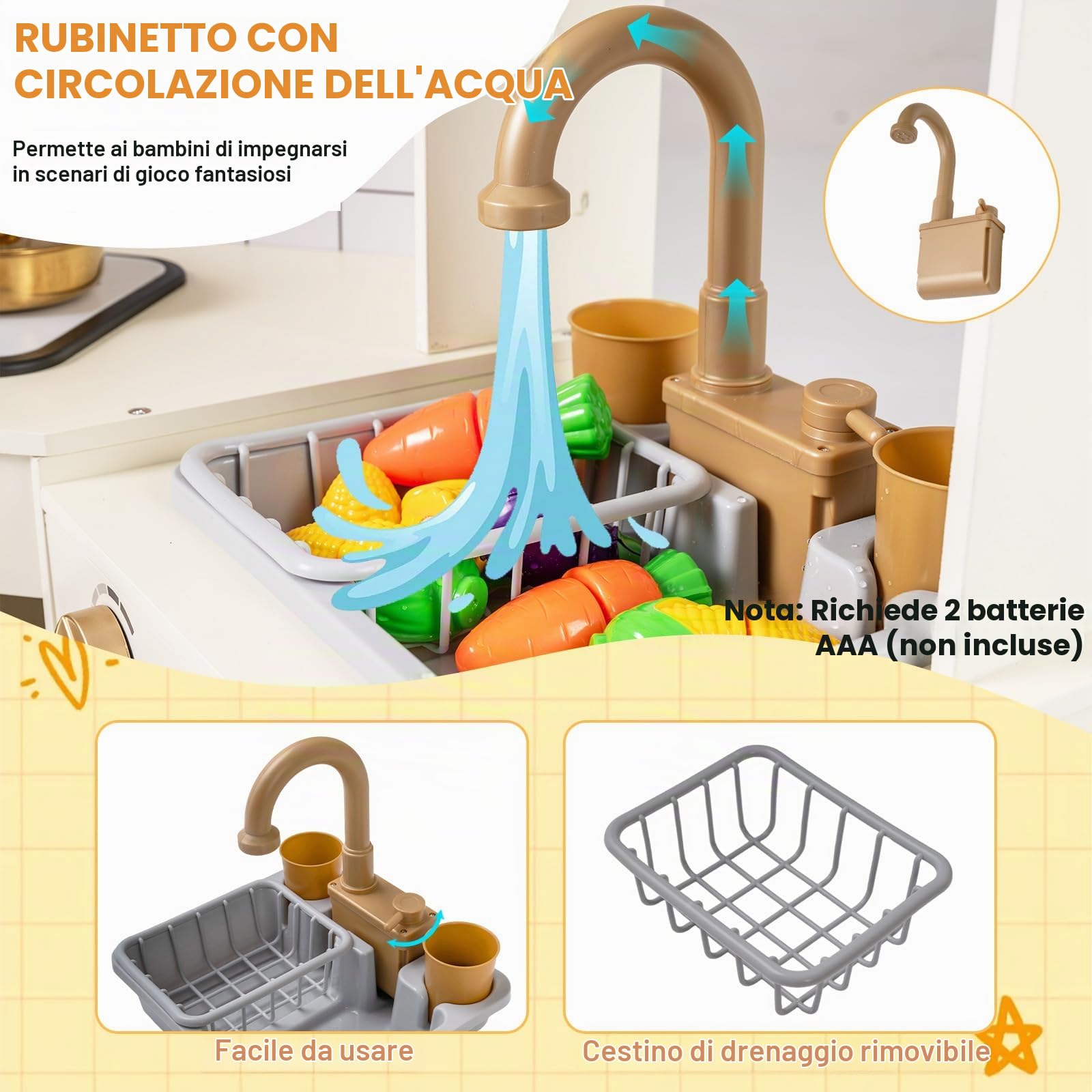 FANTASK Cucina in legno per bambini, angolo cucina giochi con rubinetto, dispenser di ghiaccio e accessori da cucina, forno a microonde, cucina giochi per bambini dai 3 anni in su