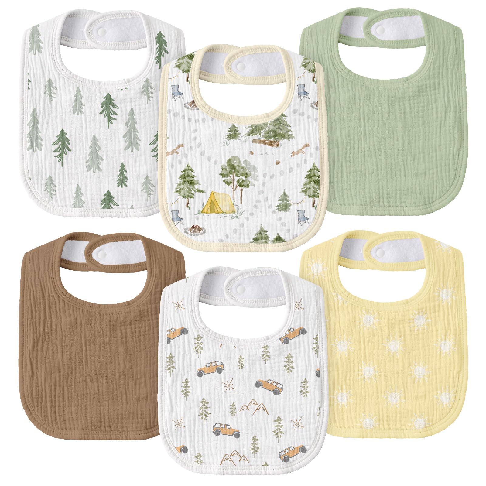 Muslin Bibs for Baby Boy Girl, Adjustable Fit for Drooling and Teething | 6Pk, 100% Soft Cotton Surface & Multi-Layer Absorbent Core, Shrink-resistant & Fade-Proof, Gentle on Sensitive Newborn skin 6-Pack Cross-country Adventure