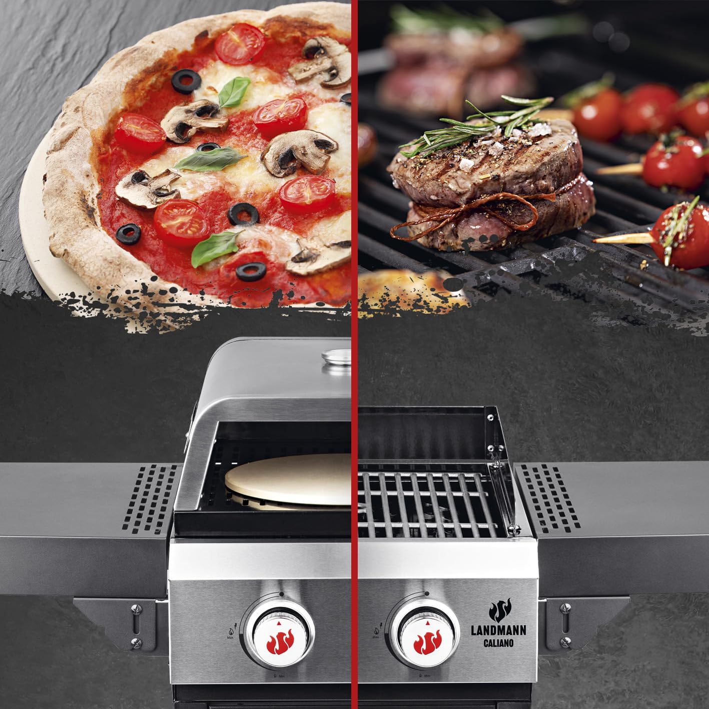 LANDMANN | Barbecue à gaz 2 en 1 avec support à pizza et grille en fonte | Pour pizza et aliments à griller | 2 brûleurs en acier inoxydable | Pierre à pizza (environ Ø 29 cm) | 2-3 personnes |