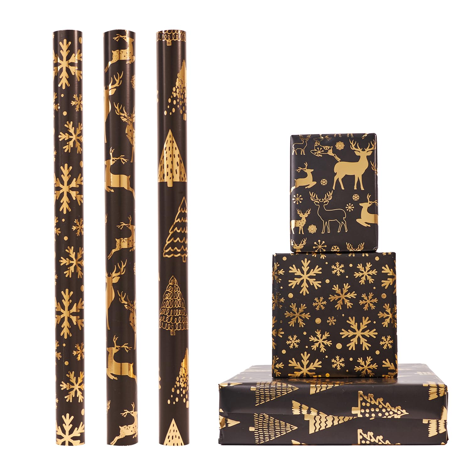 Black Gold Christmas Wrapping Paper Set,3 Rolls 43cm x 3m Xmas Gift Wrapping Paper,Metallic Wrap Paper with Stickers for Christmas,Party,Festive Decorations