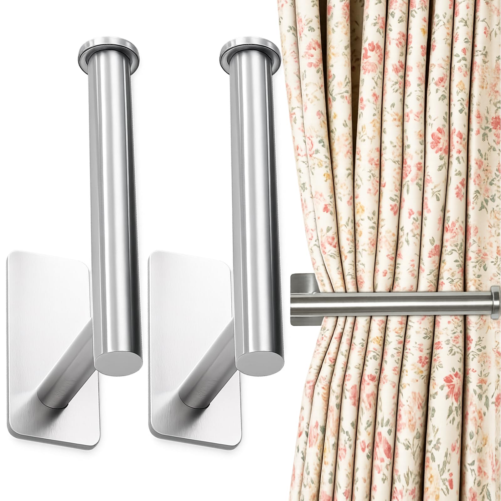 2Pcs Curtain Holdbacks, Curtain Tie Backs, Tie Backs for Curtains, Self Adhesive Square Base Hooks for Rental Apartments and Home Organisation, Silver Holdbacks
