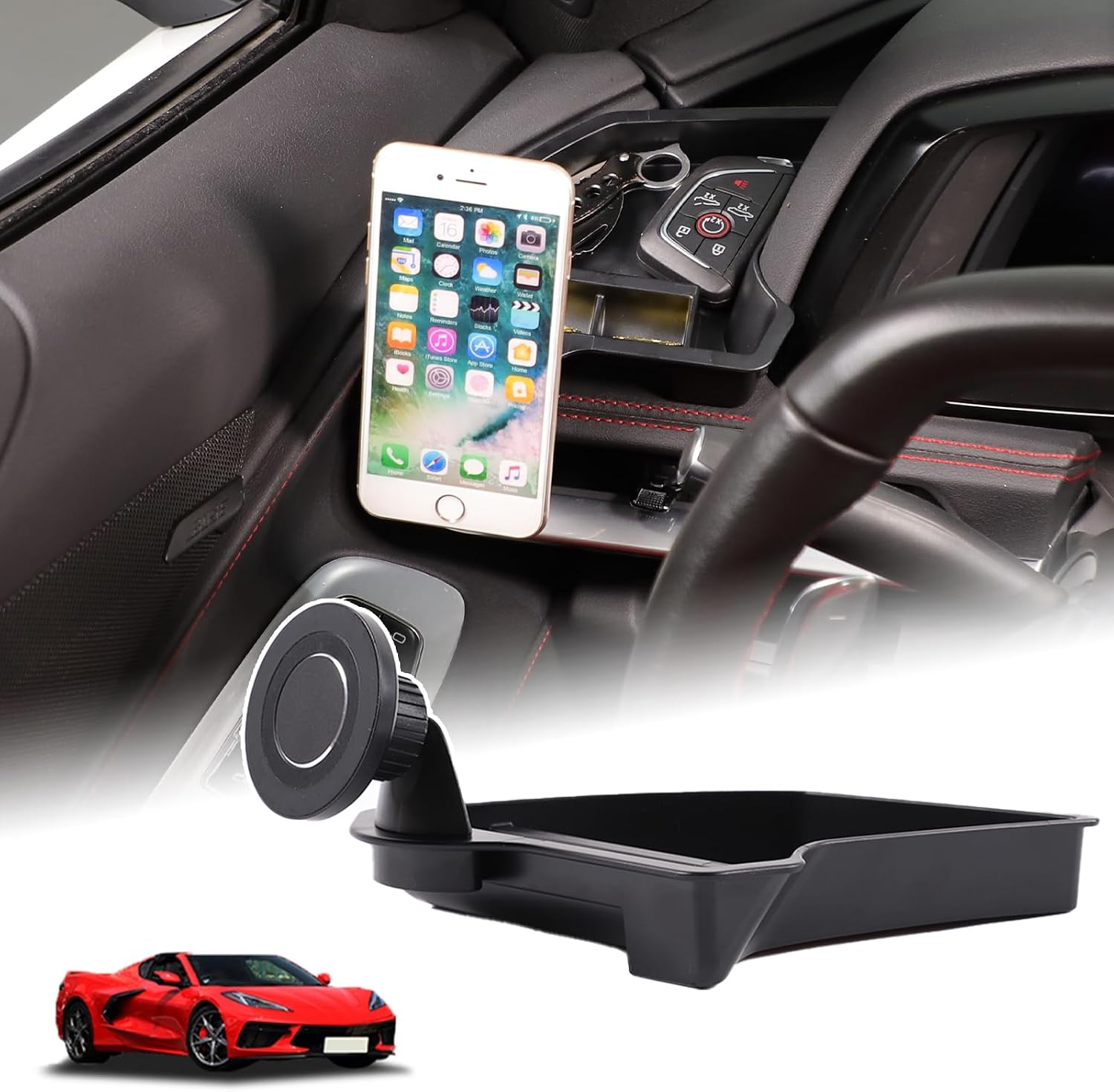 Car Phone Holder Center Console Organizer for Corvette C8 2020-2025 Accessories Dashboard Lower Storage Left Side Coin Container Storage 360 Degree Rotatable Telescopic Phone Holder Mount (Magnetic-D)