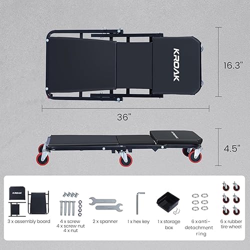 Miniatura 6 de Creeper, 36 pulgadas 2 en 1 Z Creeper asiento 330 libras capacidad silla de garaje ajustable plegable plegable enredadera de coche con 6 piezas