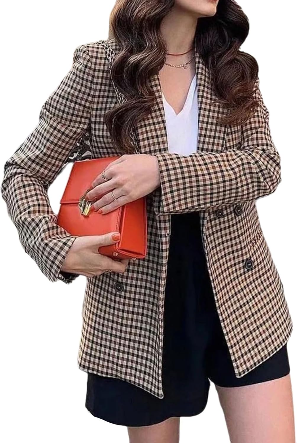 Women's Double-breasted Plaid Blazers, Vintage Slim Fit Notched Lapel Business Jacket for Casual Office Outwear