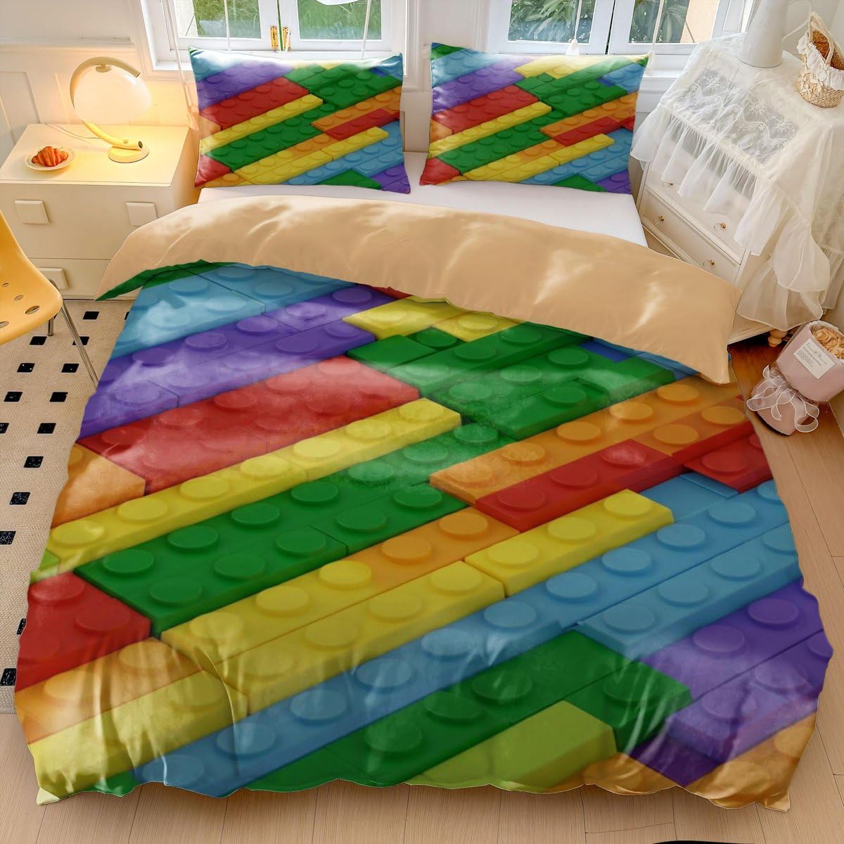 Parure de lit en microfibre douce avec housse de couette et 2 taies d'oreiller Motif briques colorées et géométriques modernes (Style 3, lit simple 135 x 200 cm + 65 x 65 cm x 2)
