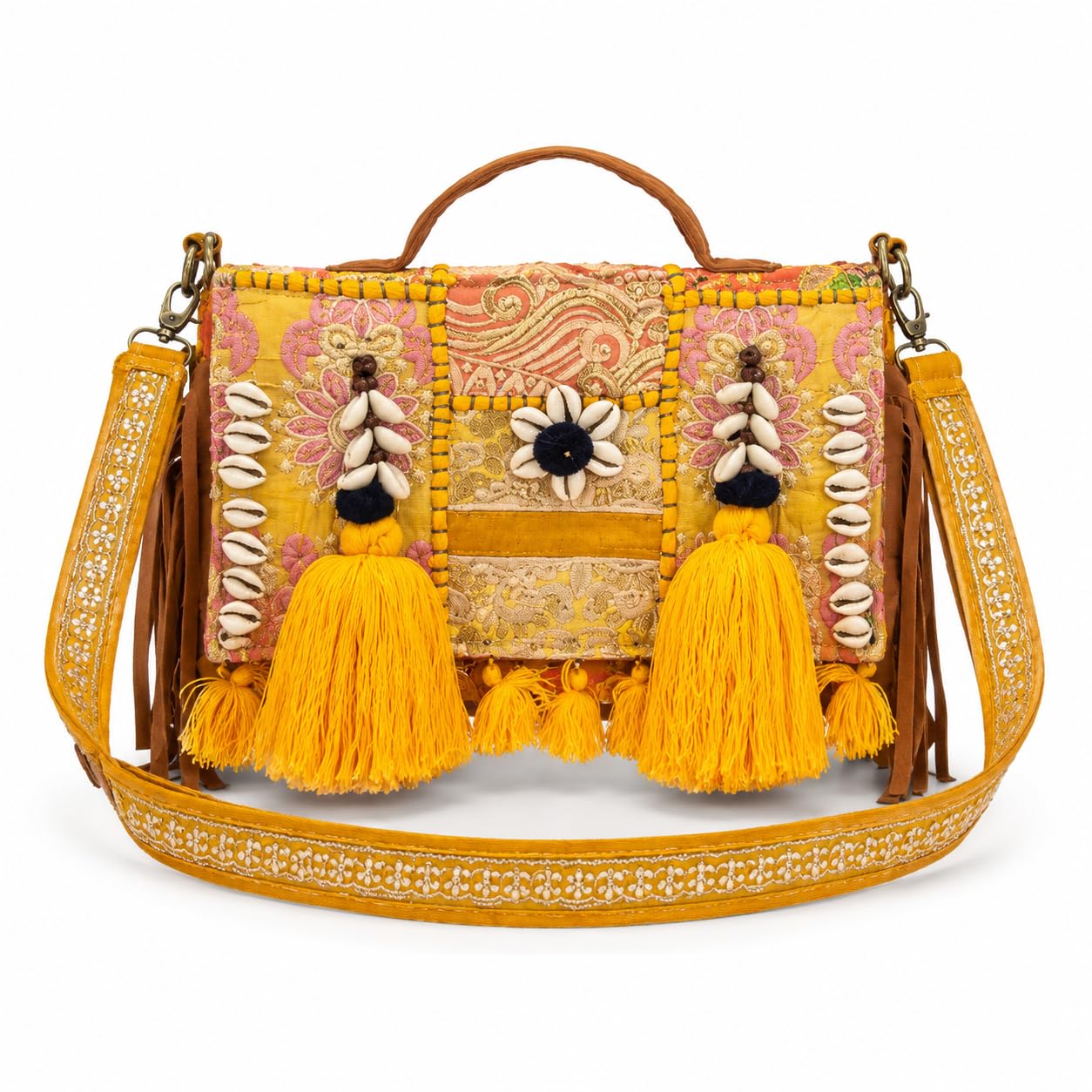 Handmade Yellow Boho Sling Bag for Women | Embroidered Ethnic Crossbody Bag with Cowrie Shells & Tassels | Vintage Banjara Handcrafted Shoulder Purse for Travel, Party & Casual Use-image-6