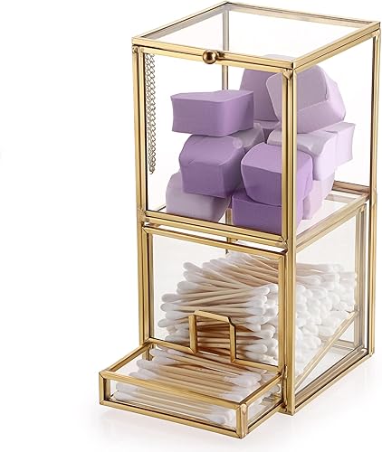 Hipiwe Soporte Qtip de vidrio dorado con tapa, 2 compartimentos, bolas de algodón, organizador de hisopos, soporte de almohadillas redondas de
