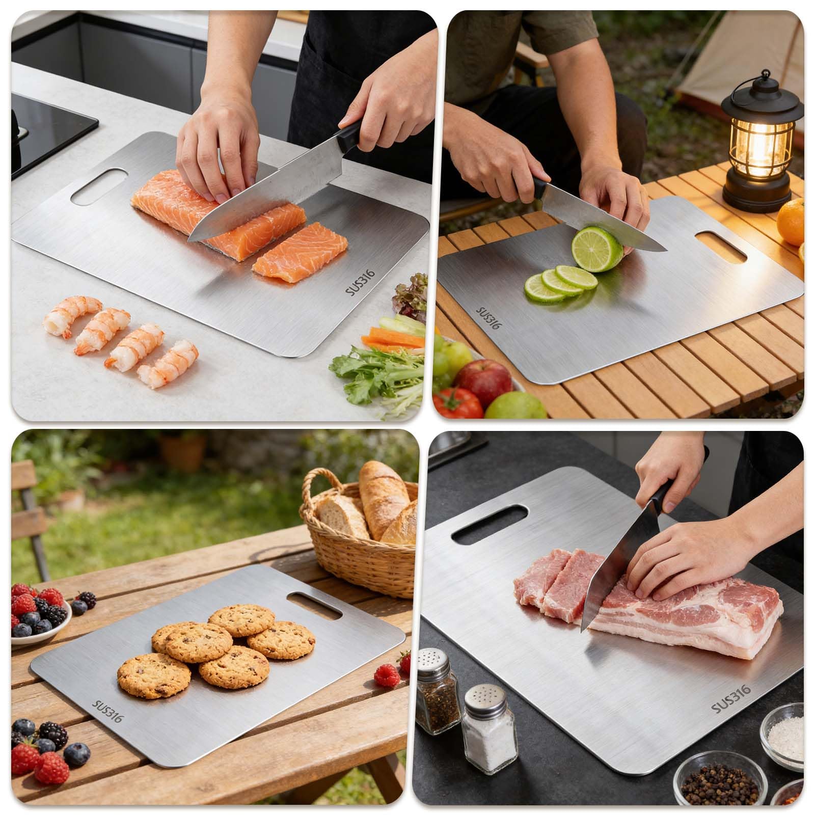 Lot de 3 Planches à Découper Titane & Inox - Double Face Qualité Alimentaire, Non Poreuses Sans Microplastiques, Résistantes aux Odeurs, Hygiéniques pour Cuisine Domestique