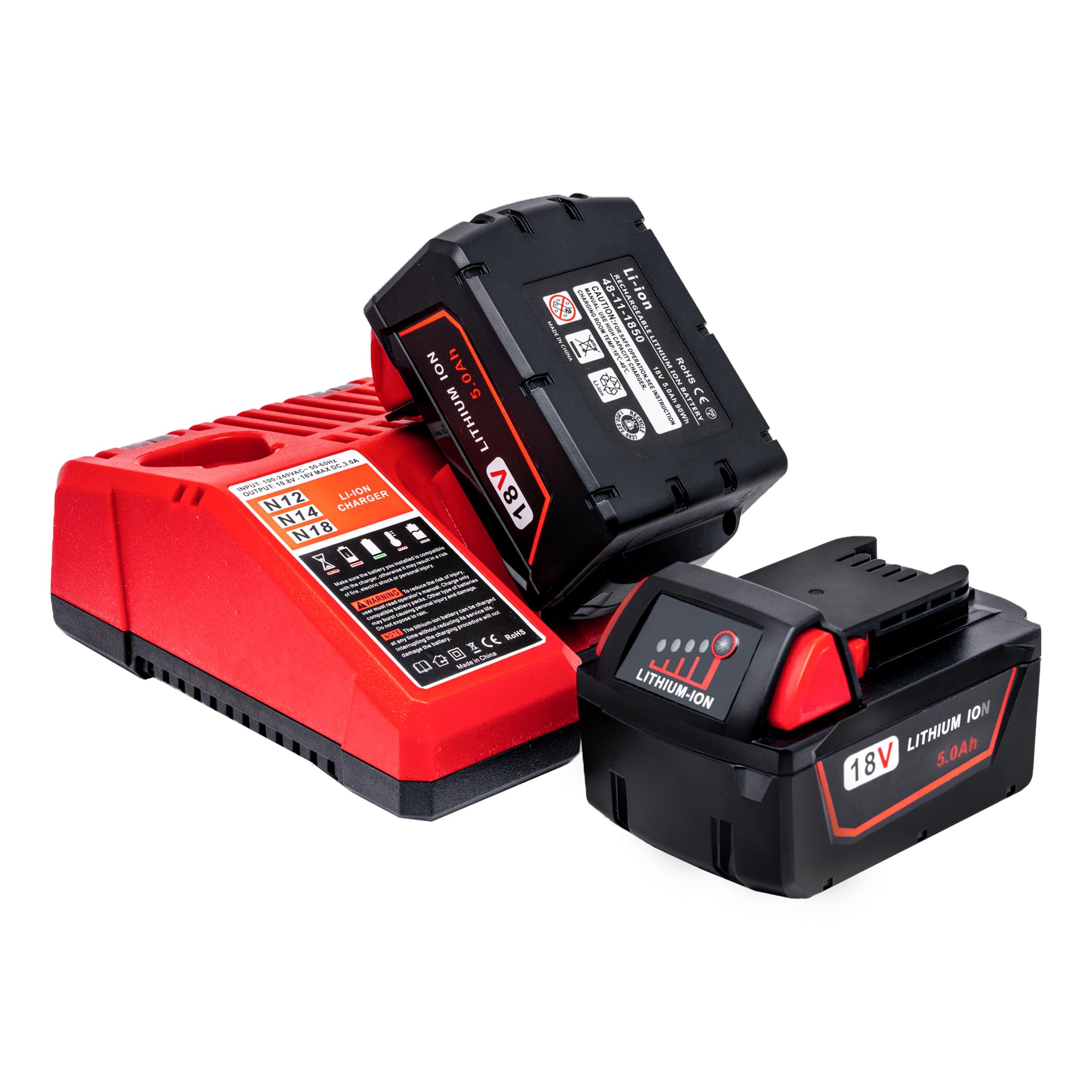 Replace for Milwaukee M18 Battery 2Pack and Charger Combo 5.0ah,Compatible with Milwaukee M18 Cordless Power Tools 18V Lithium Battery 48-11-1850 48-11-1840 48-11-1860