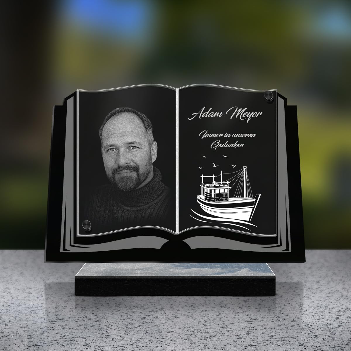 ETERNEL - Personalisierte Grabplatte Buch Boot Foto und Text anpassbar, lasergravierte Grabplatte für Hommage, Grabstein, Toten, Trauer, Beerdigungen