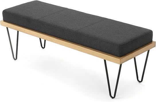 47.25 Entryway Bench Modern Medieval Style Upholstered Bench Charcoal Grey Comfortable Ergonomic Seating with Hairpin Legs Faux Wood Veneer Living Room Entrance Stool Sofa Stool