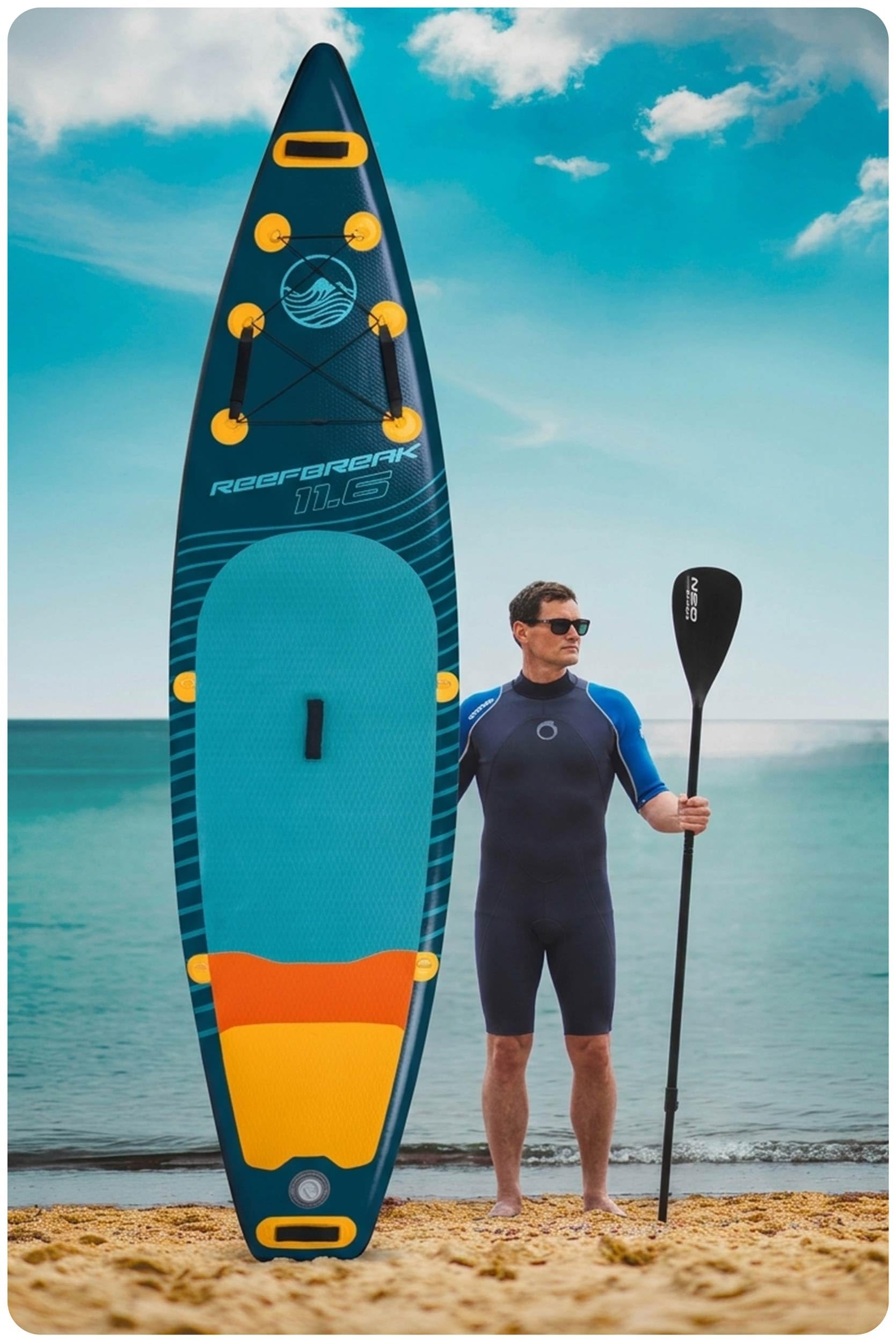 Neo-Sport Stand Up Paddling Board Reefbreak 11.6 - Allround SUP Board Set für Touren und Freizeit - 350 x 81 x 15 cm - bis 150 kg - mit Paddel, Pumpe, Leash und Rucksack