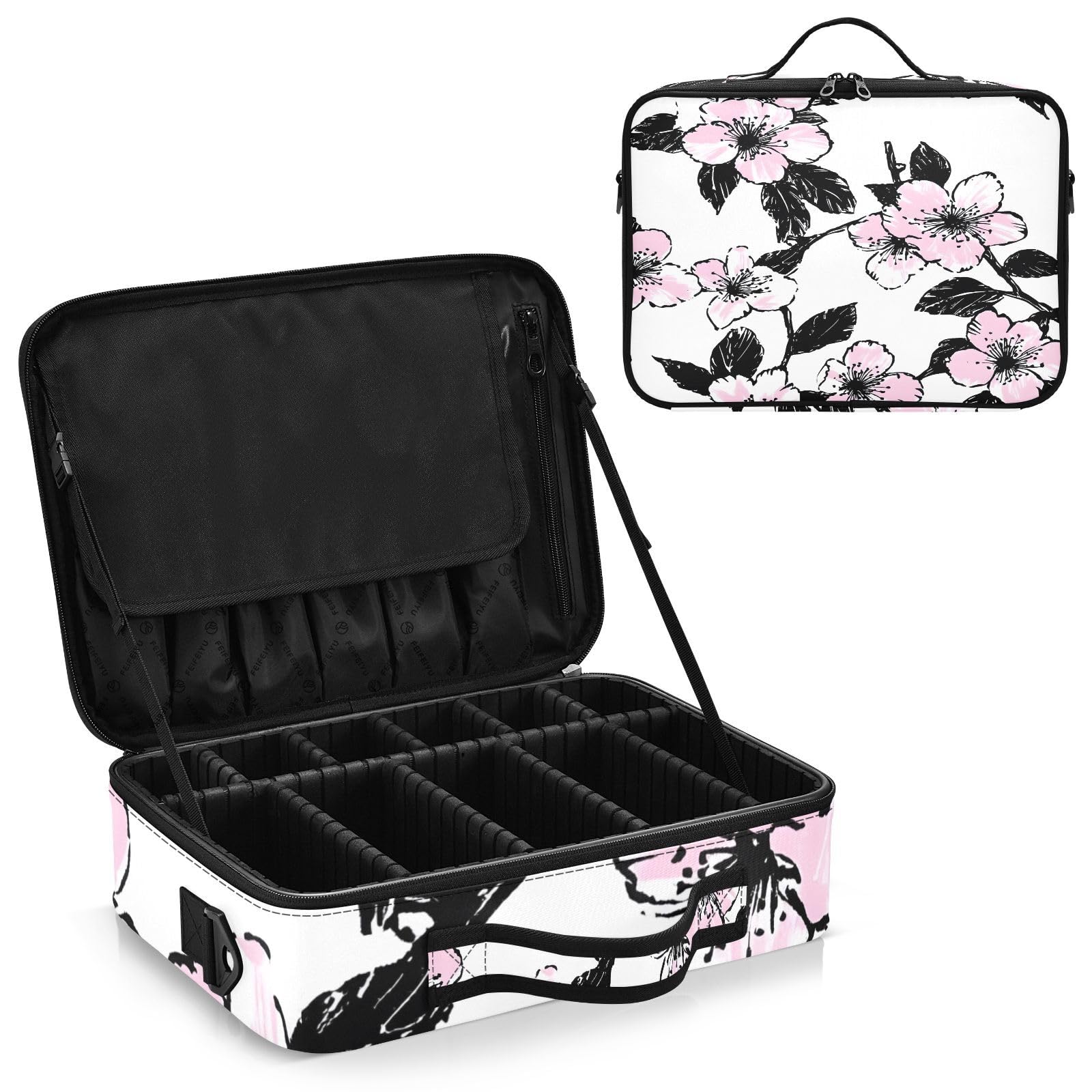 zyrtty Travel Makeup Train Case Pink Black Flower Pattern Cosmetic Organizer Portable Storage Bag with Adjustable Dividers for Cosmetics Brushes Toiletry Jewelry Digital Accessories