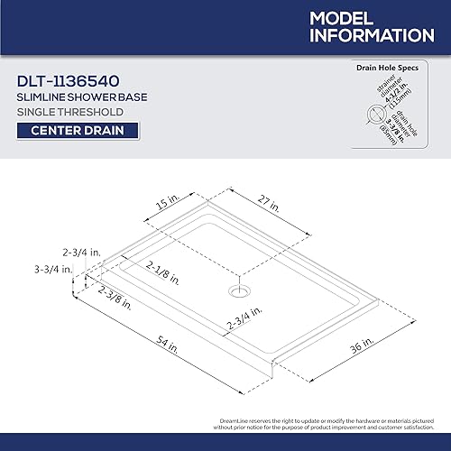Miniatura 2 de DreamLine SlimLine DLT-1136540-88 - Base de ducha de un solo umbral de drenaje central de 36 pulgadas de profundidad x 54 pulgadas de ancho x 2 34