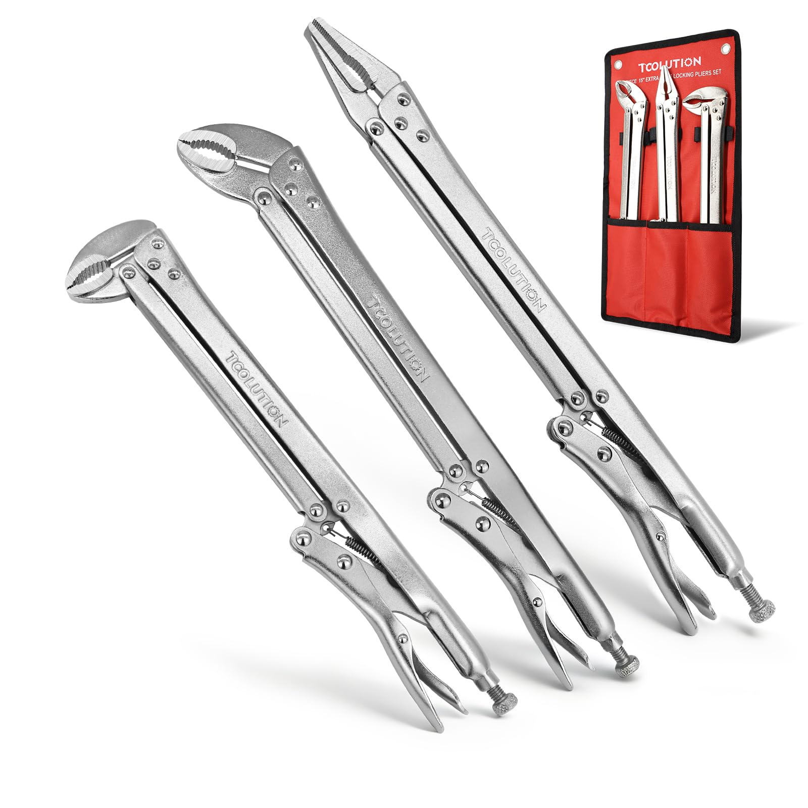 TOOLUTION 3-Piece 15" Long Reach Locking Pliers Straight, 45° & 90°